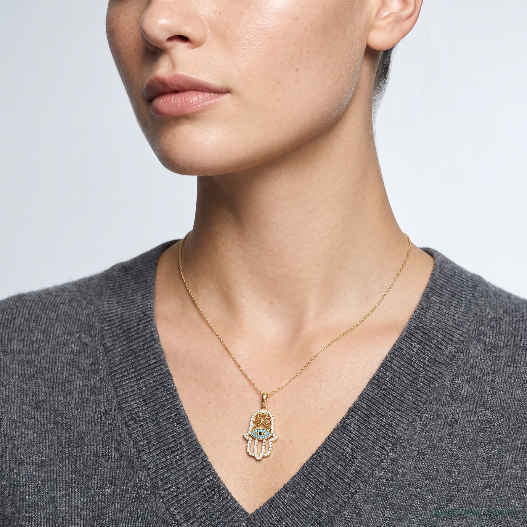 14K Multi-colored CZ Hamsa Pendant - Model Shot