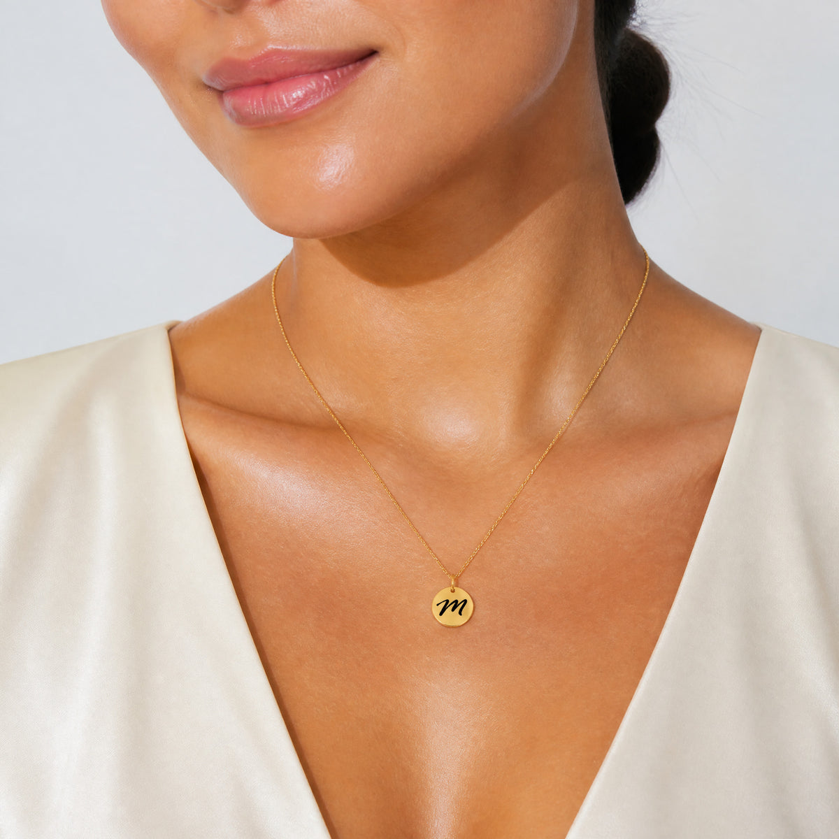 14k Polished Black Enamel Letter M Initial Disk Charm - Model Shot