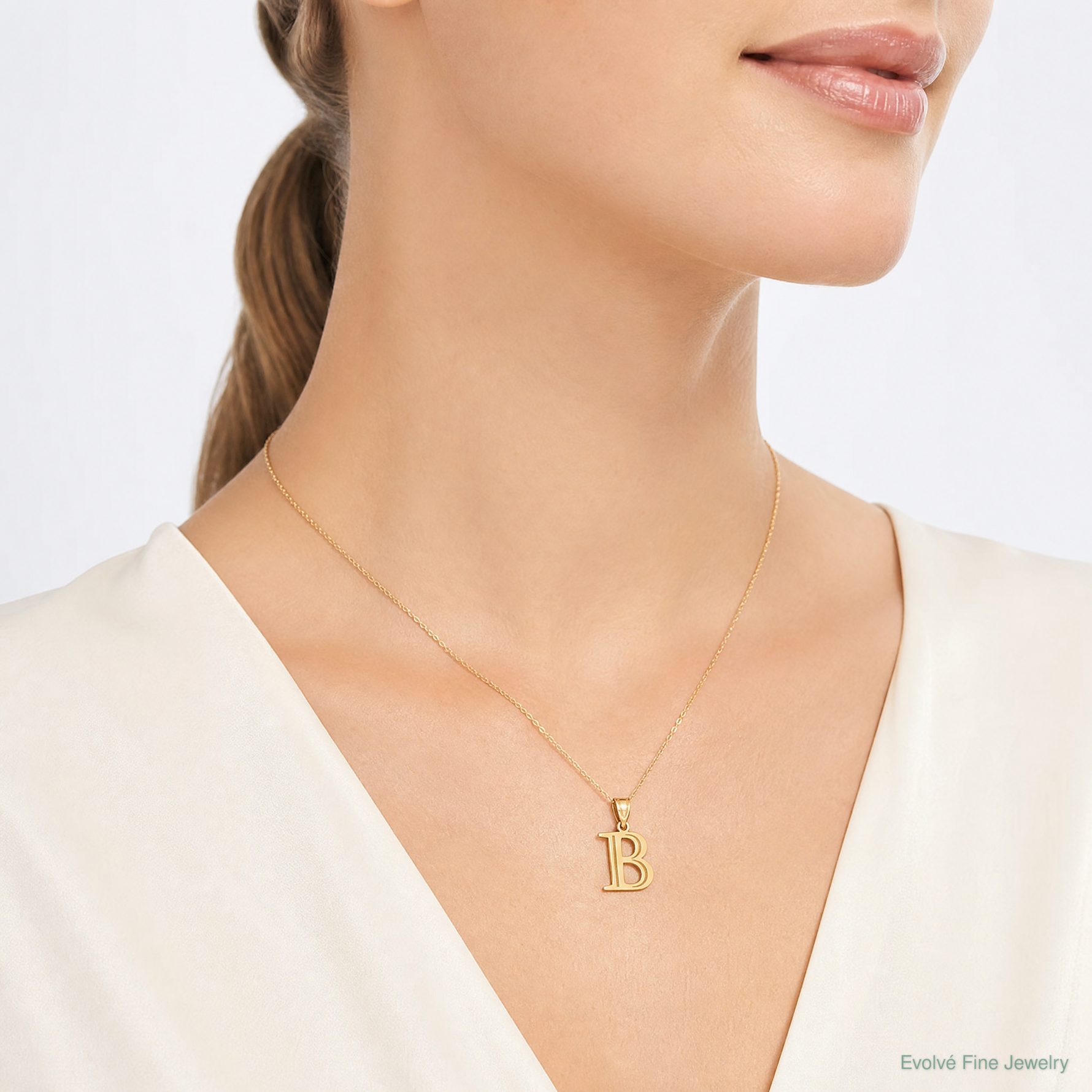 14k Polished Etched Letter B Initial Pendant - Model Shot