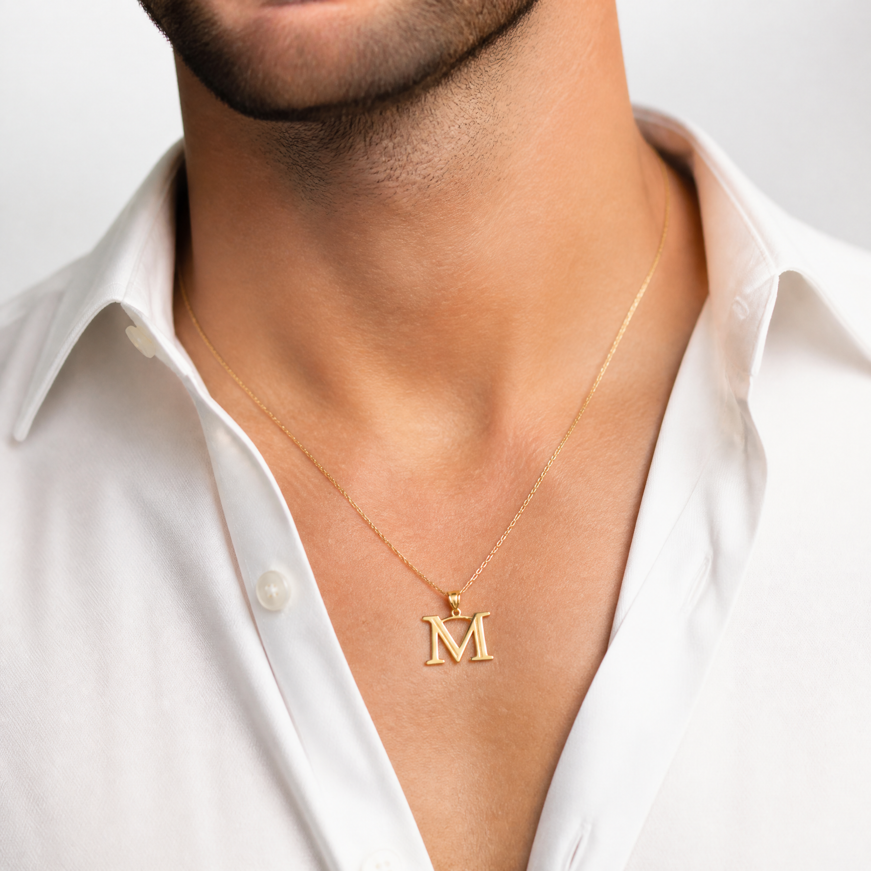14k Polished Etched Letter M Initial Pendant - Model Shot