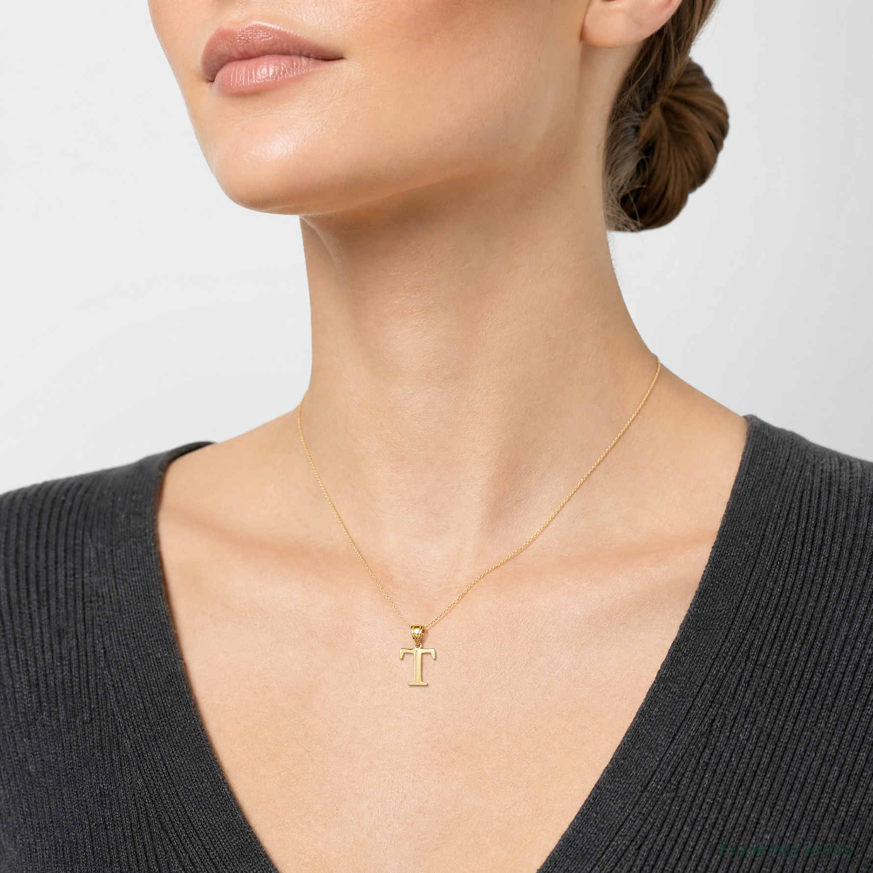 14k Polished Etched Letter T Initial Pendant - Model Shot