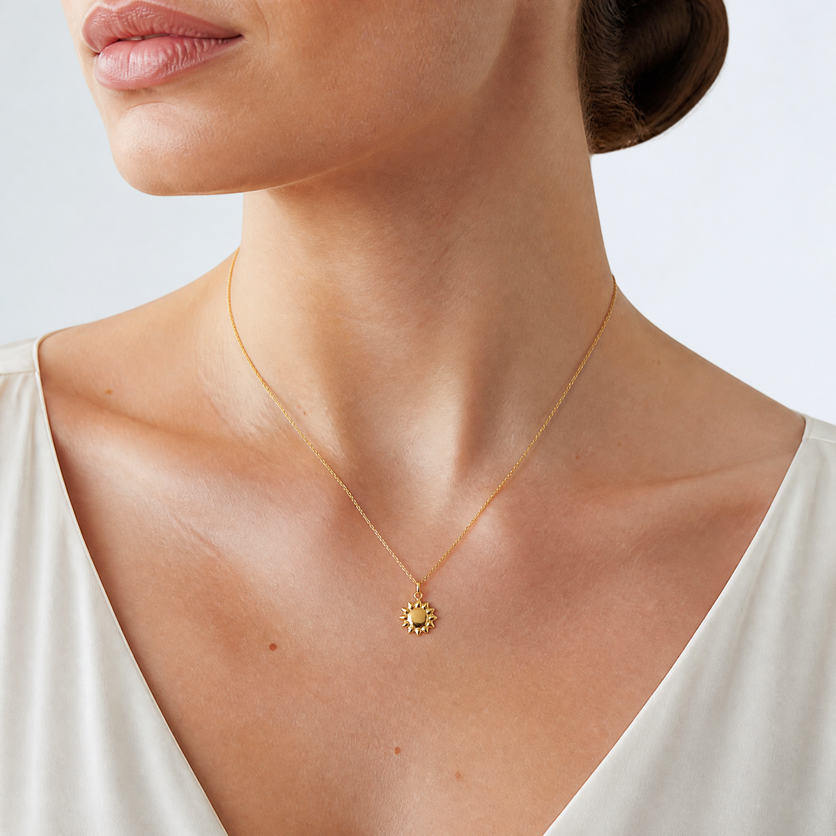 14k Polished Puffed Sun Pendant - Model Shot