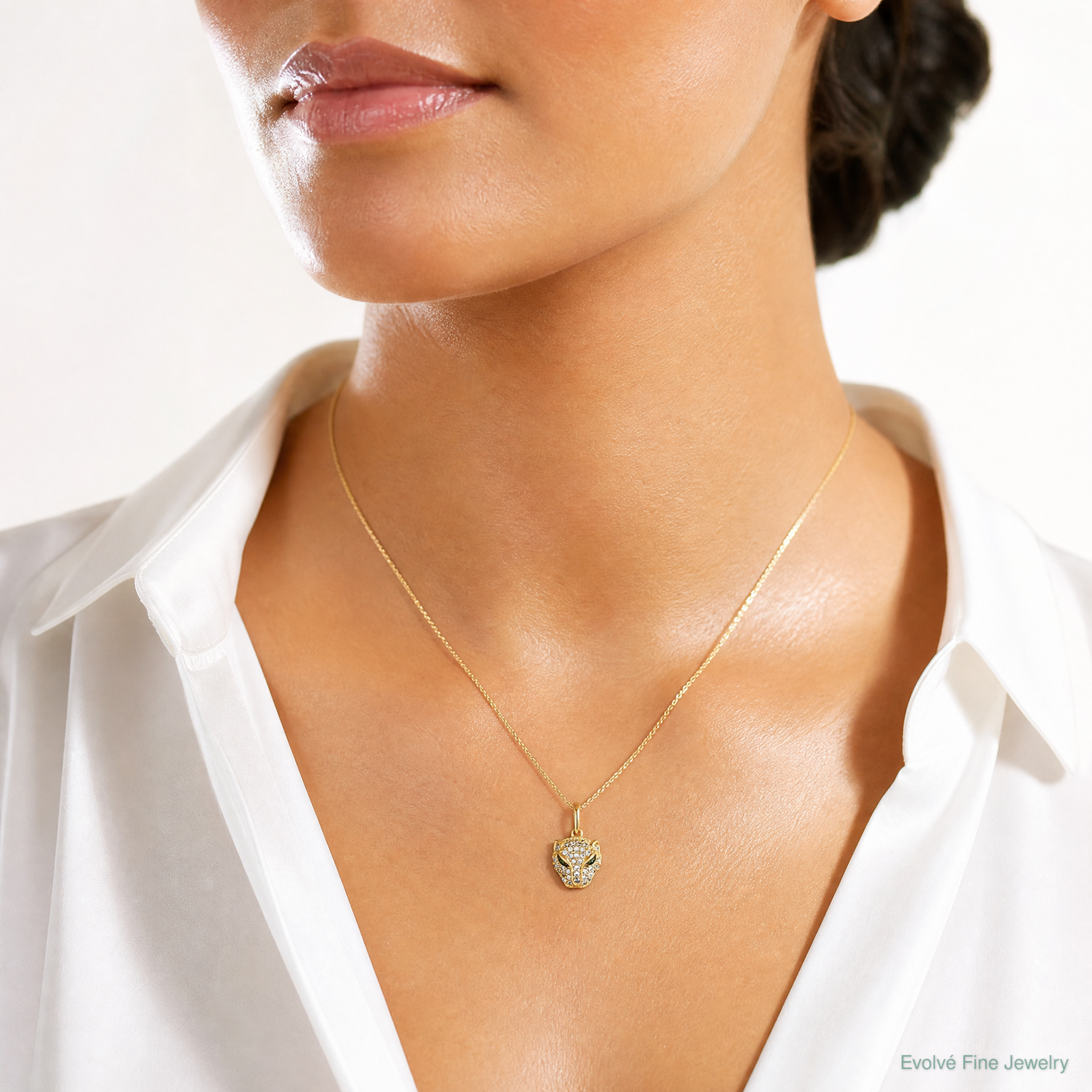 14K Polished Green & White CZ Lioness Head Pendant - Model Shot