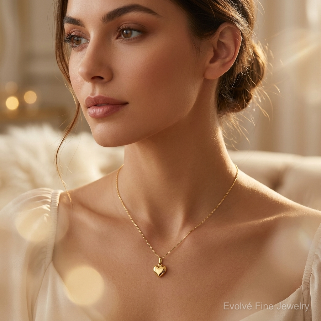 14k Polished Puffed Heart Pendant - Model Shot