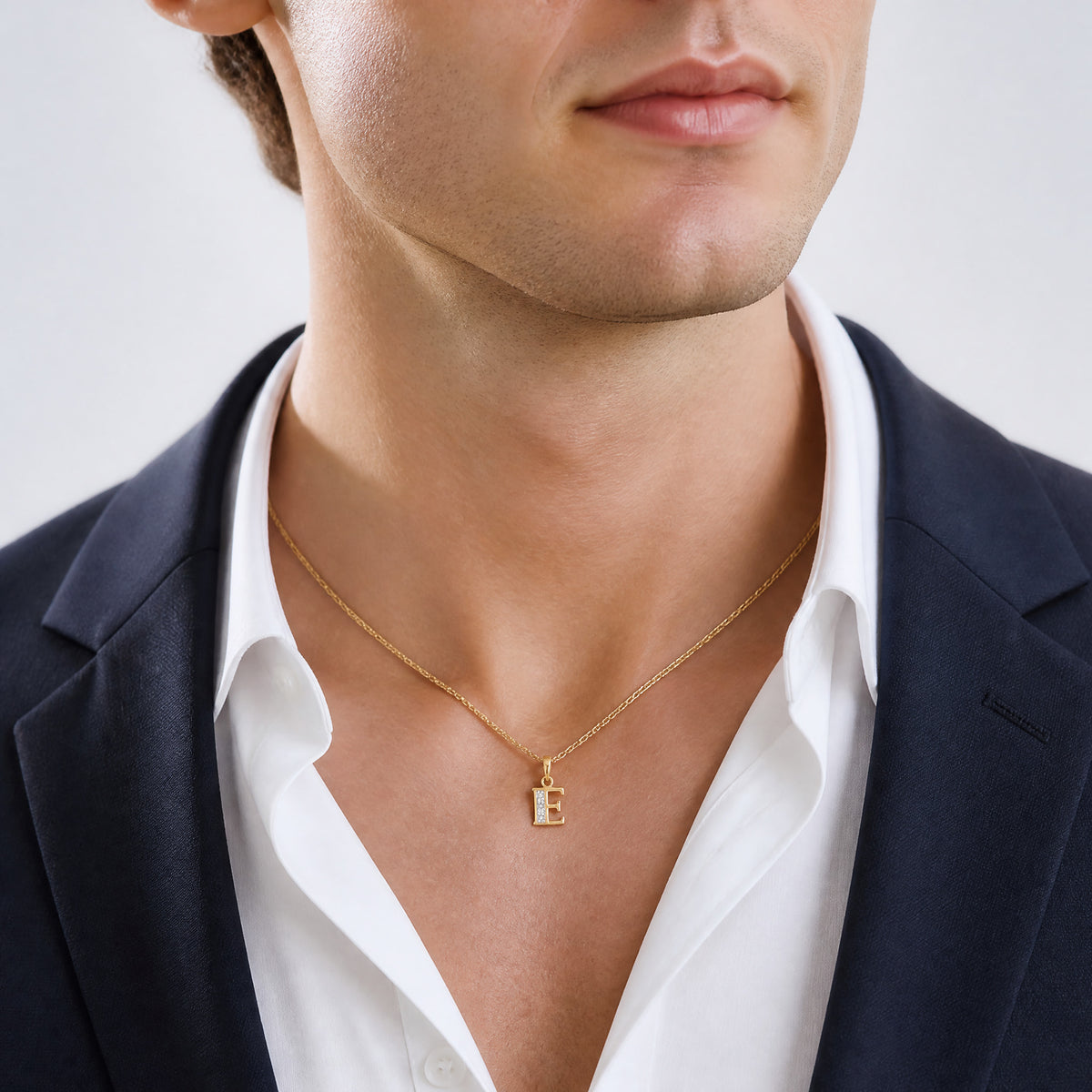 14K with Rhodium Diamond Letter E Initial Pendant - Model Shot