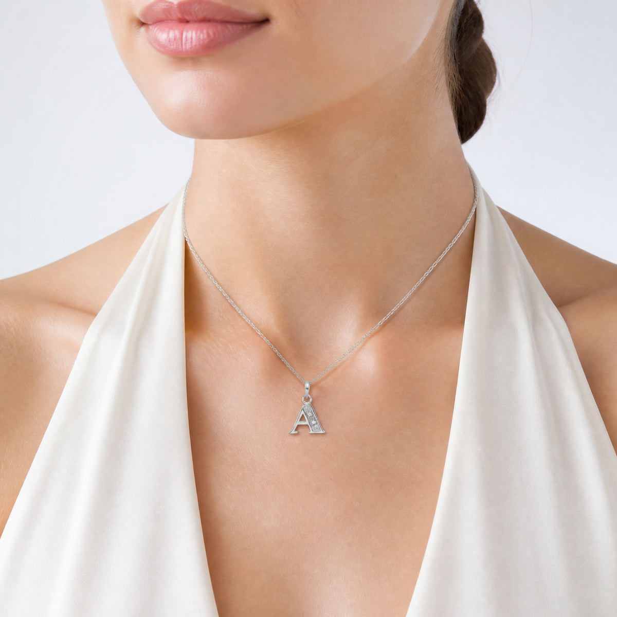 14K White Gold Diamond Letter A Initial Pendant - Model Shot