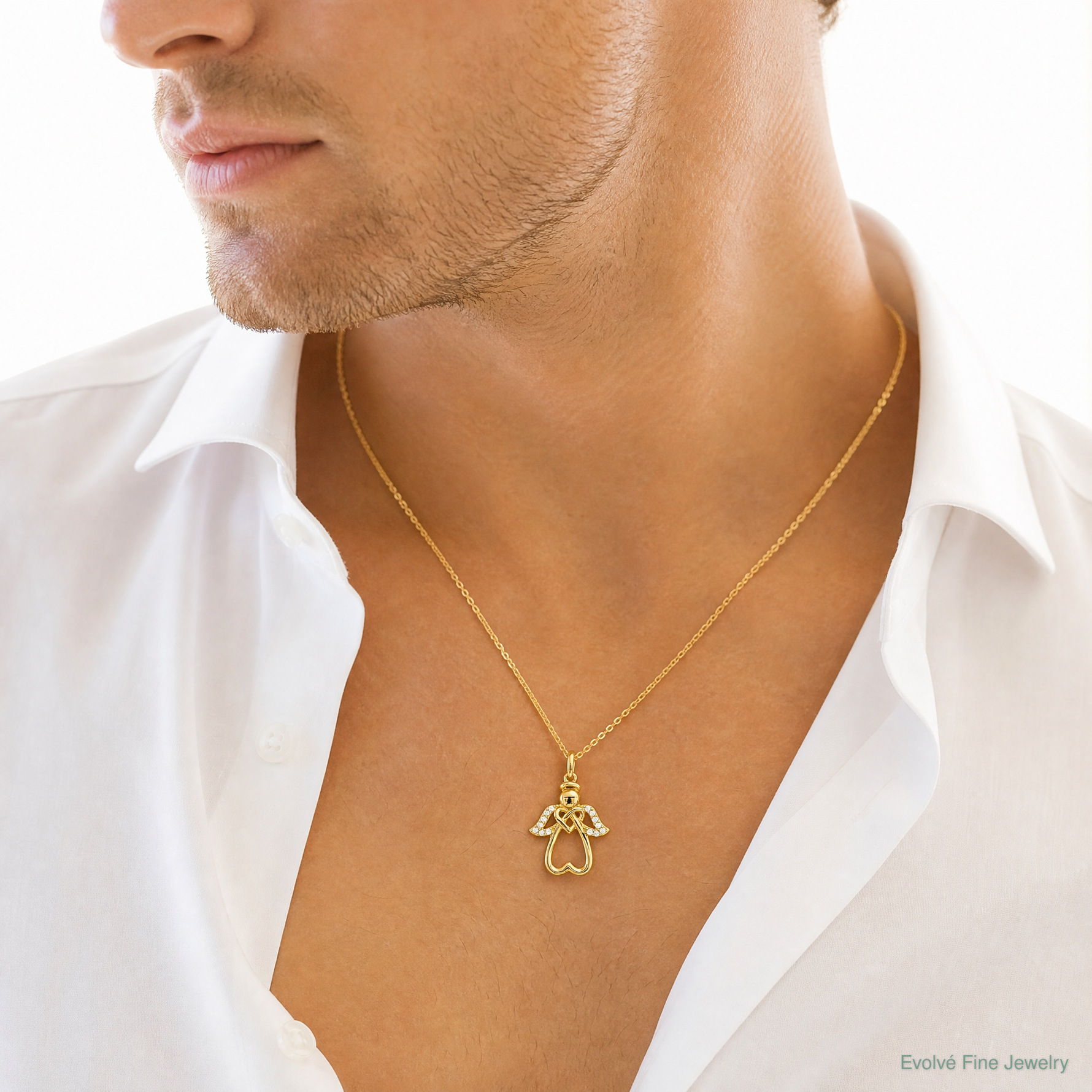 14k Polished CZ Angel Pendant - Model Shot