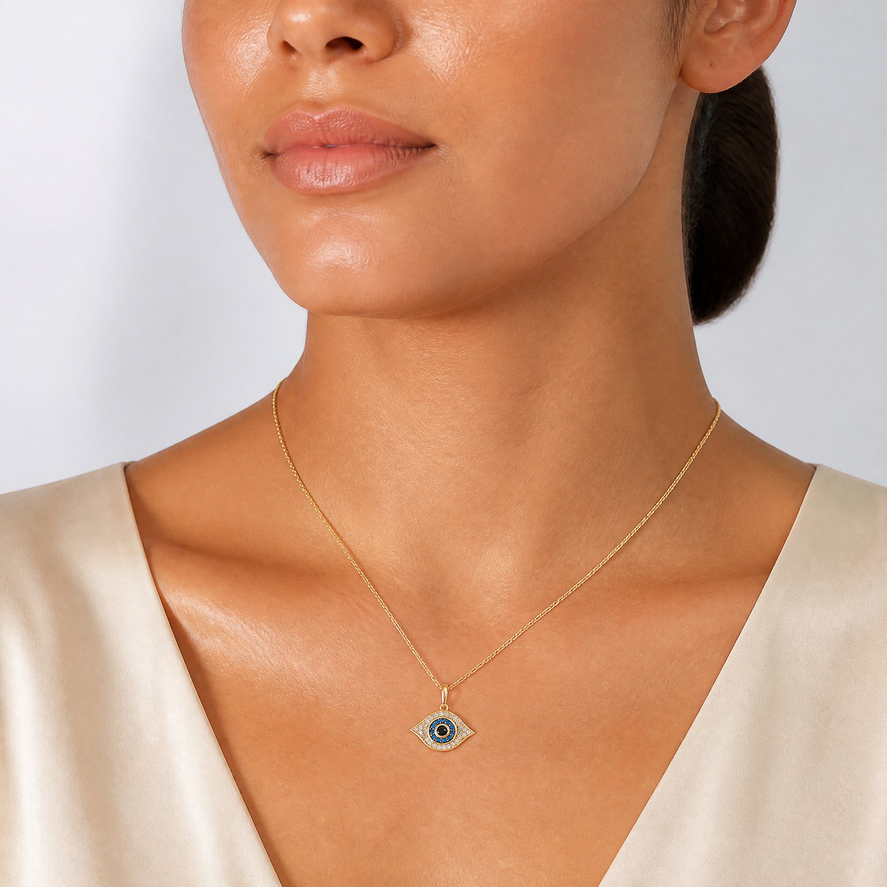 14K Polished Multi-color CZ Evil Eye Pendant - Model Shot