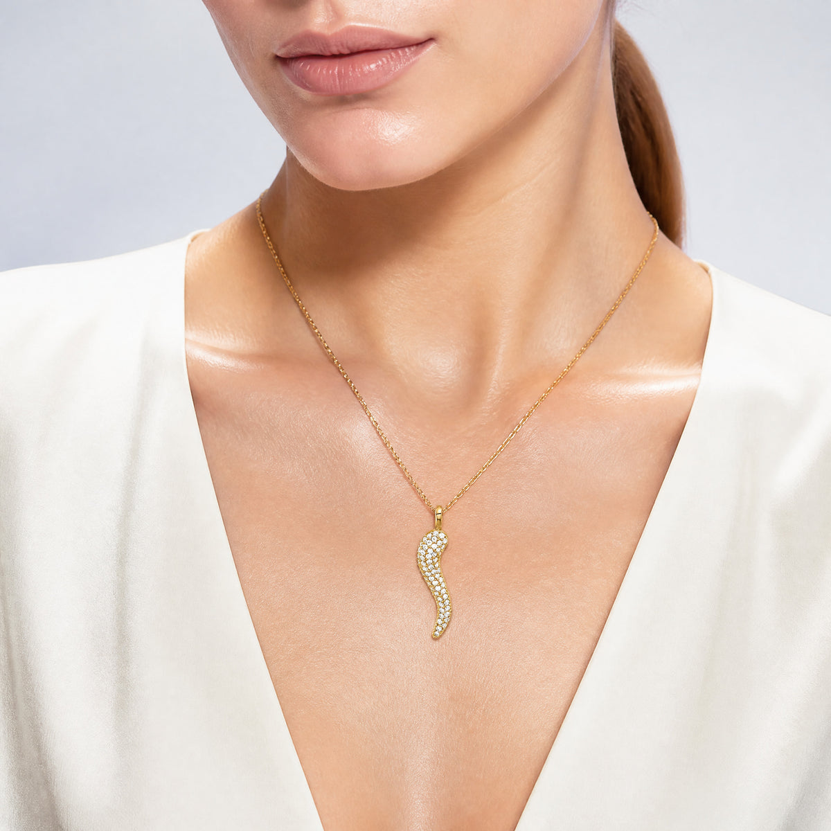 14k Polished CZ Large Italian Horn Pendant - Model Shot