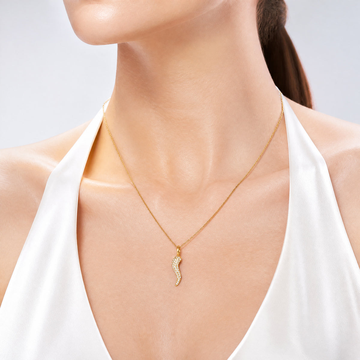 14k Polished CZ Small Italian Horn Pendant - Model Shot