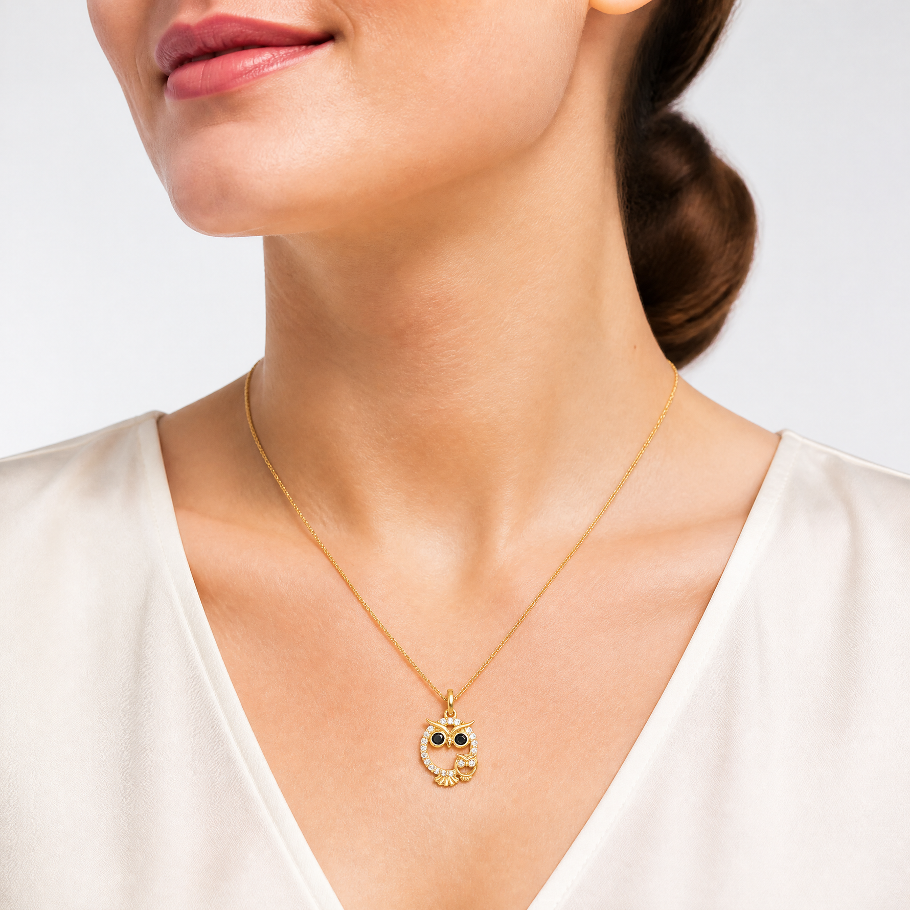 14K Polished Black and White CZ Mommy and Baby Owl Pendant - Model Shot