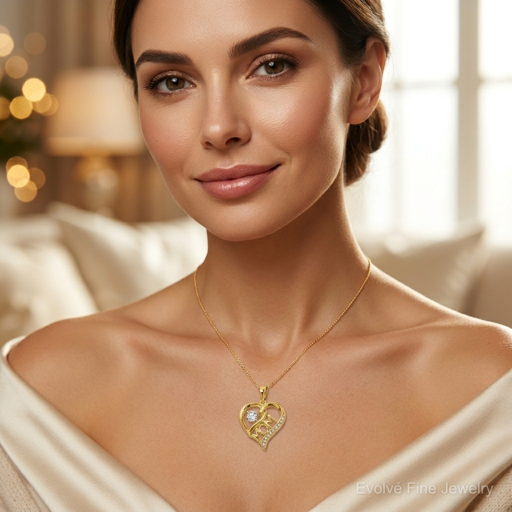 14k Polished CZ Mom Heart Charm - Model Shot
