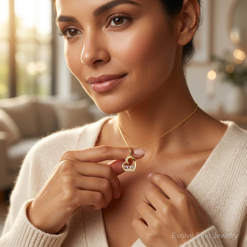 14k and Rhodium-Plated Polished CZ Mom Heart Pendant - Model Shot