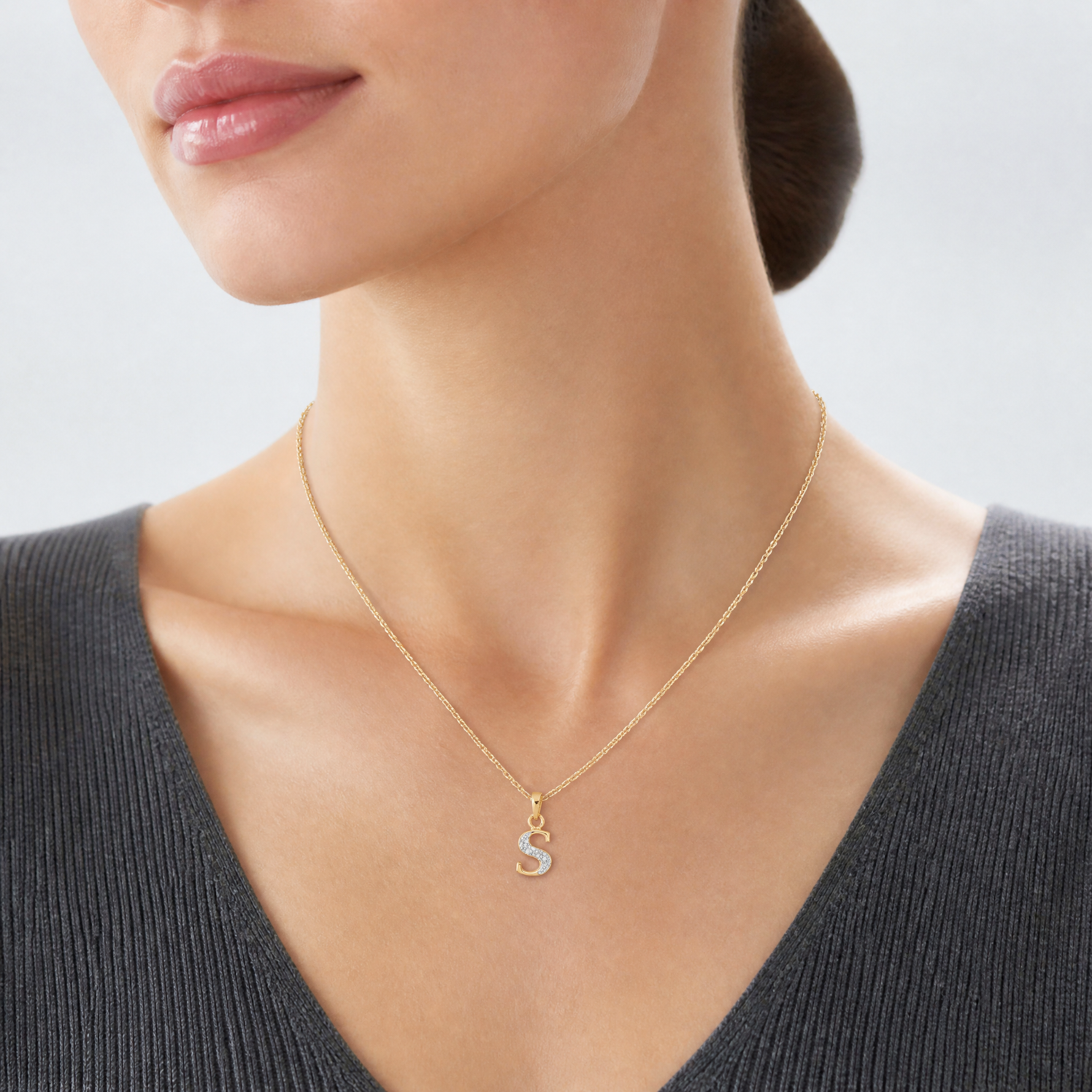 14KY with Rhodium Diamond Letter S Initial Pendant - Model Shot