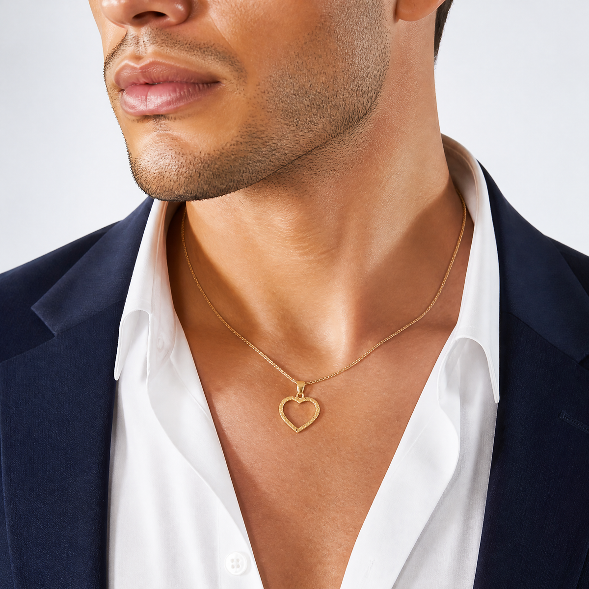 14K Polished and Textured Open Heart Pendant - Model Shot