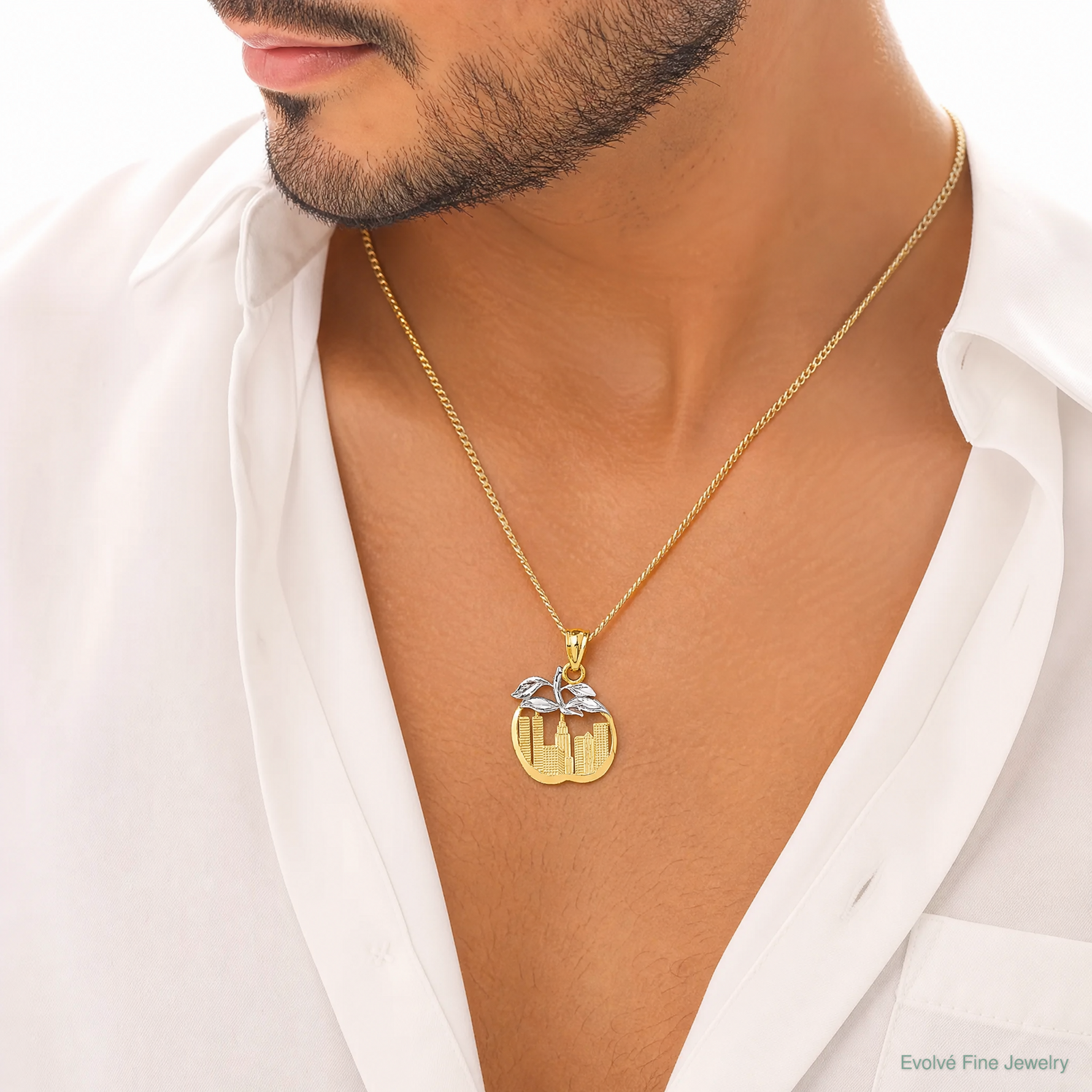 14k with White Rhodium Cut-out New York Skyline in Apple Pendant - Model Shot