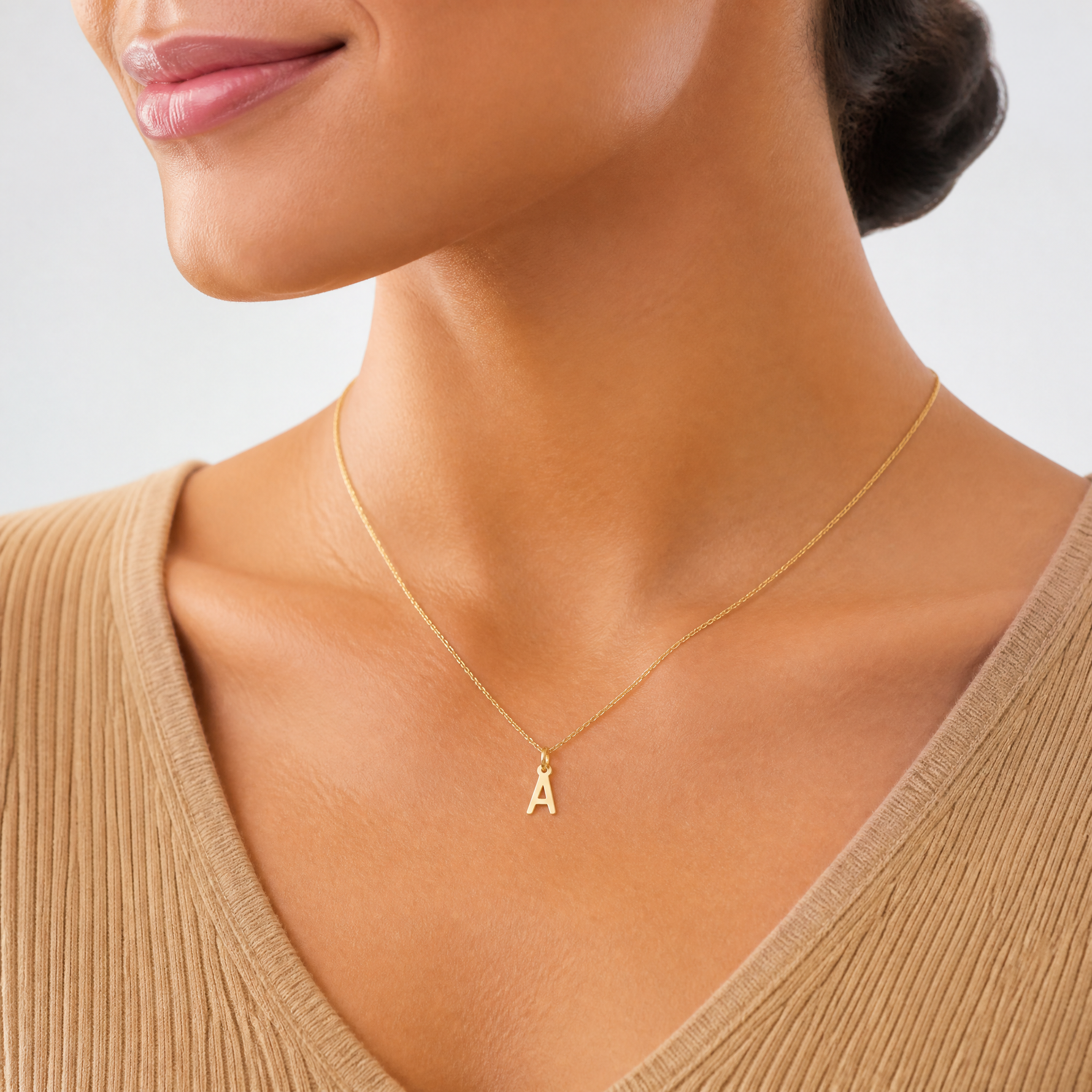 14k Small Slanted Block Letter A Initial Charm - Model Shot