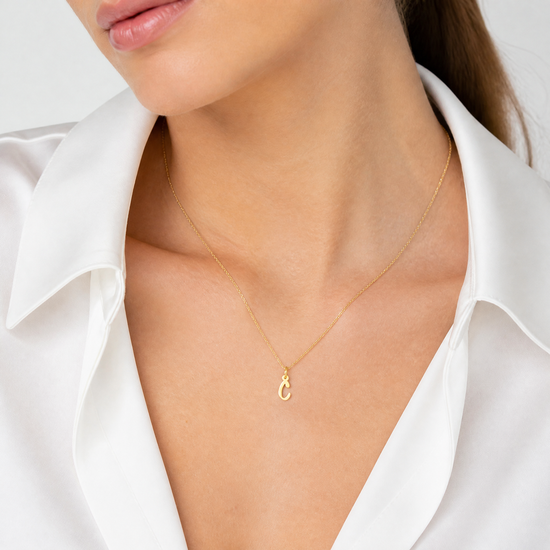 14k Small Slanted Block Letter C Initial Charm - Model Shot