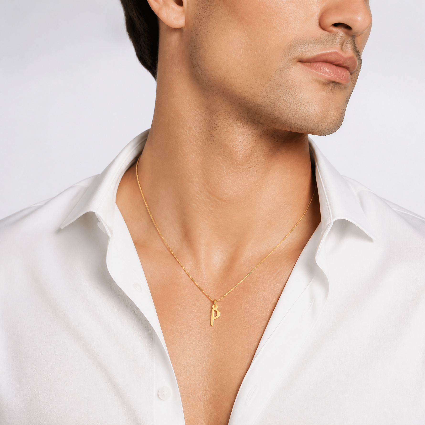14k Small Slanted Block Letter P Initial Charm - Model Shot