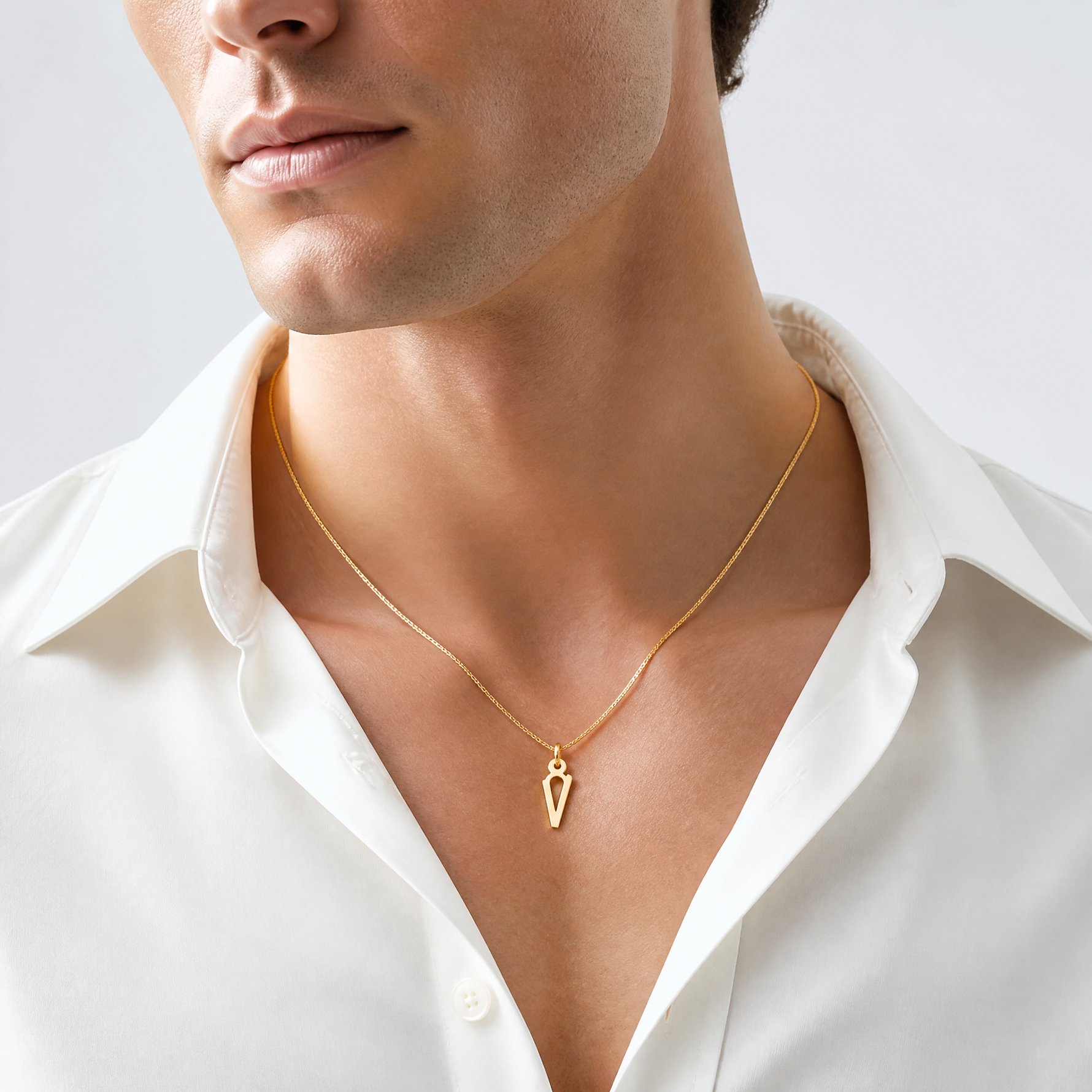 14k Small Slanted Block Letter V Initial Charm - Model Shot