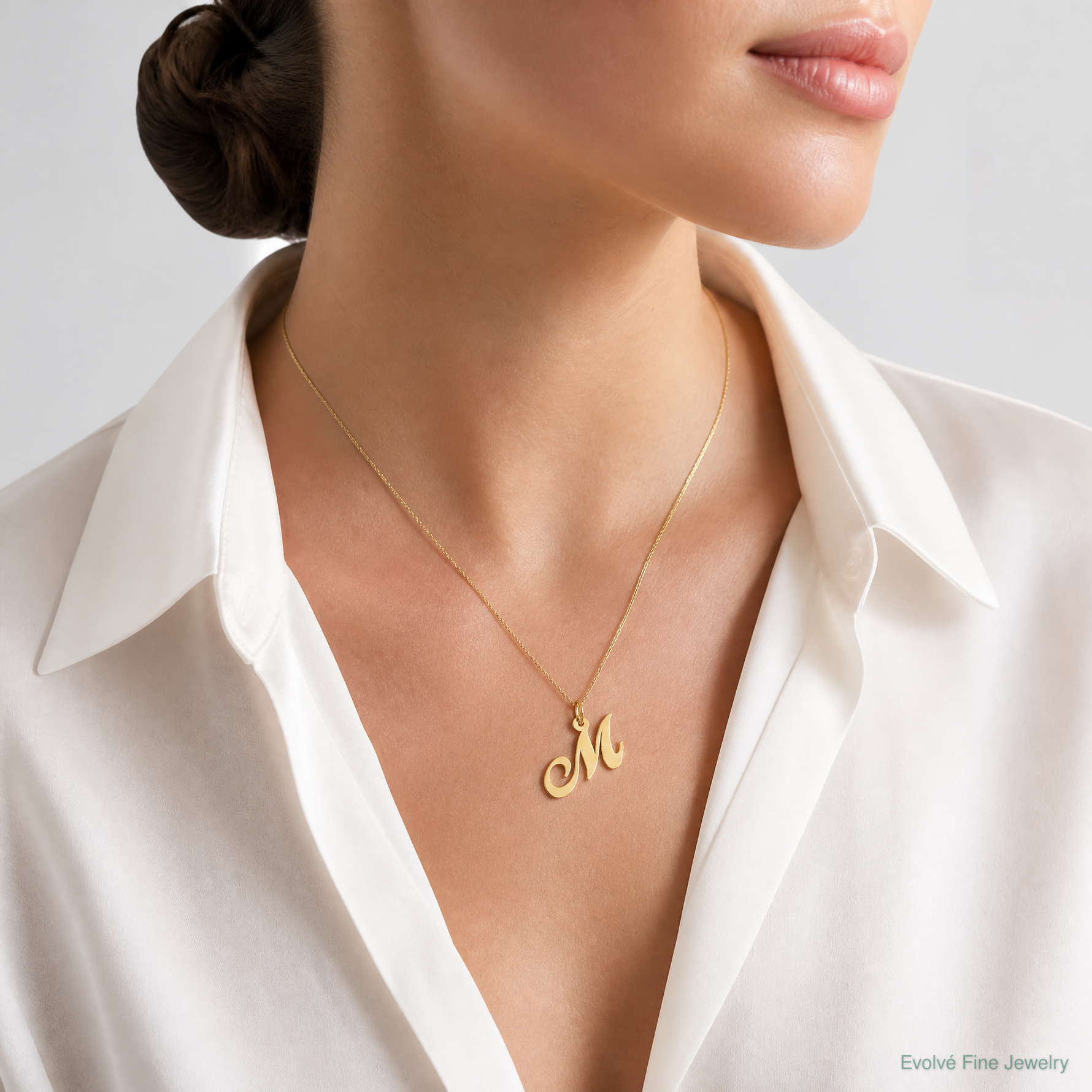 14K Small Fancy Script Letter M Initial Charm - Model Shot