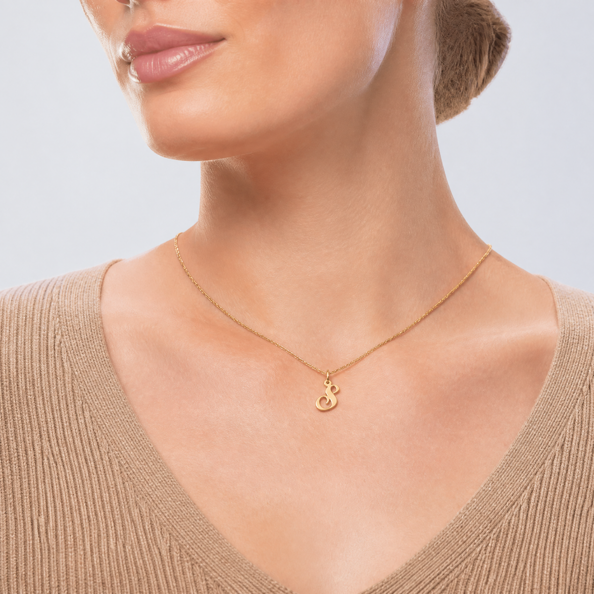 14K Small Fancy Script Letter S Initial Charm - Model Shot