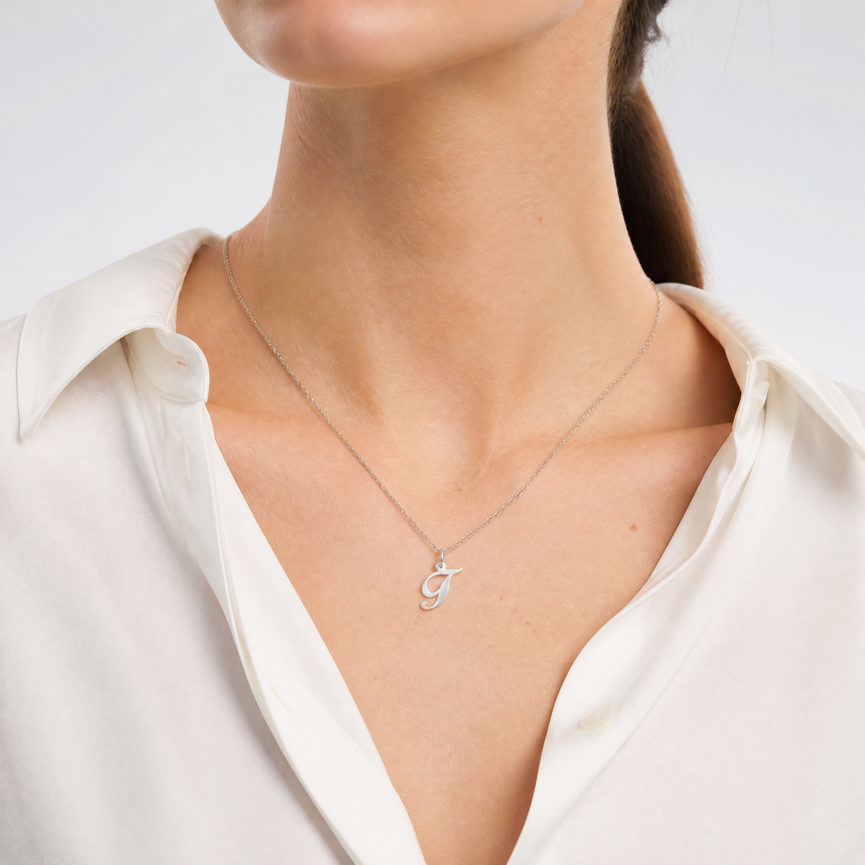 14k White Gold Small Fancy Script Letter T Initial Charm - Model Shot