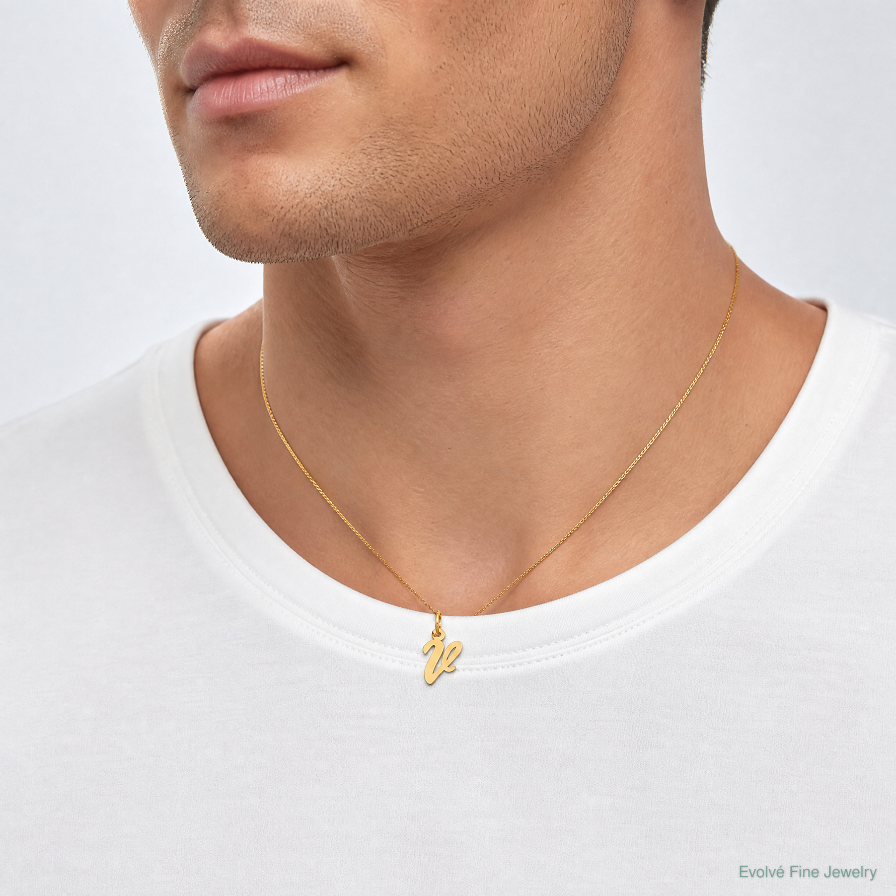 14k Small Script Letter V Initial Charm - Model Shot