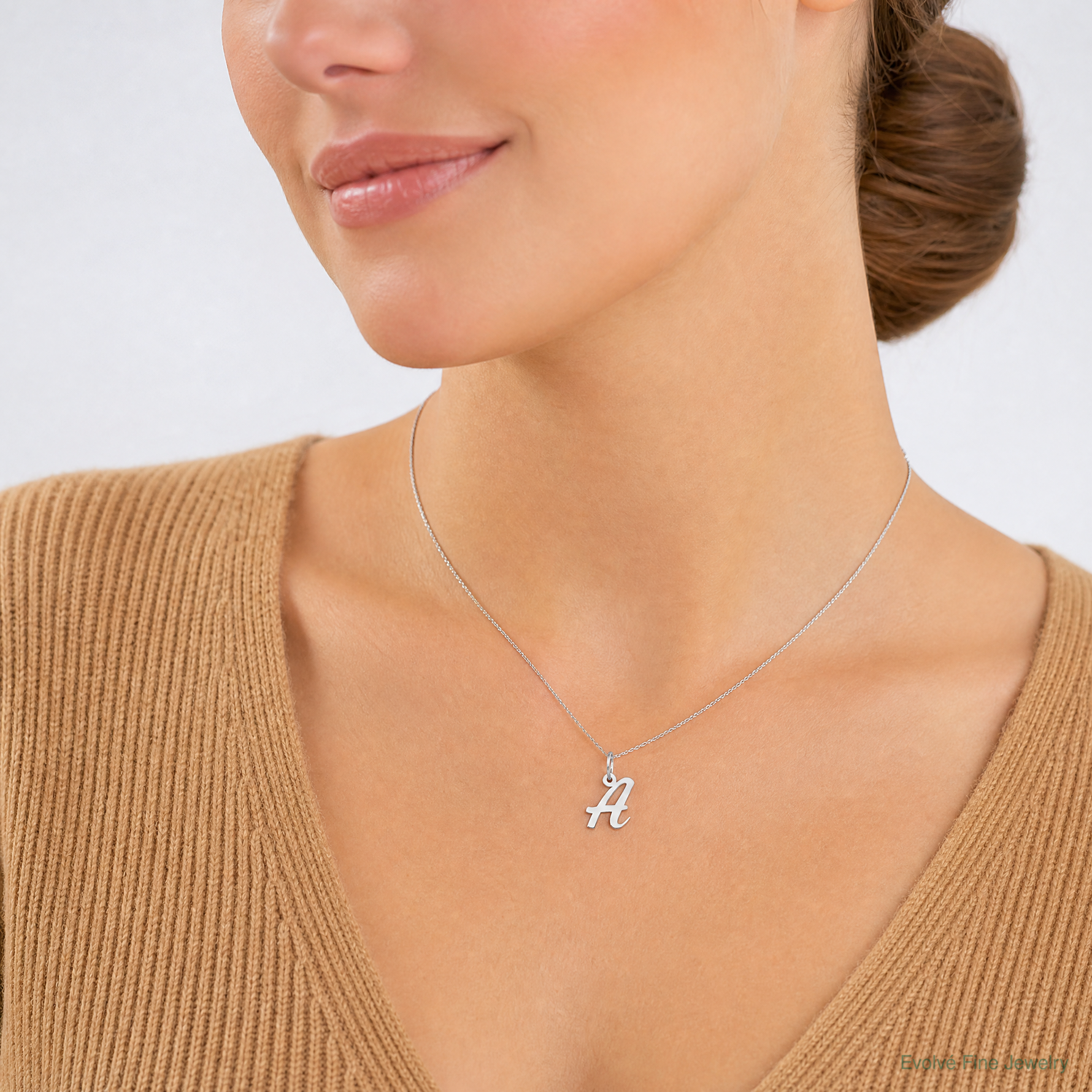 14k White Gold Small Script Letter A Initial Charm - Model Shot