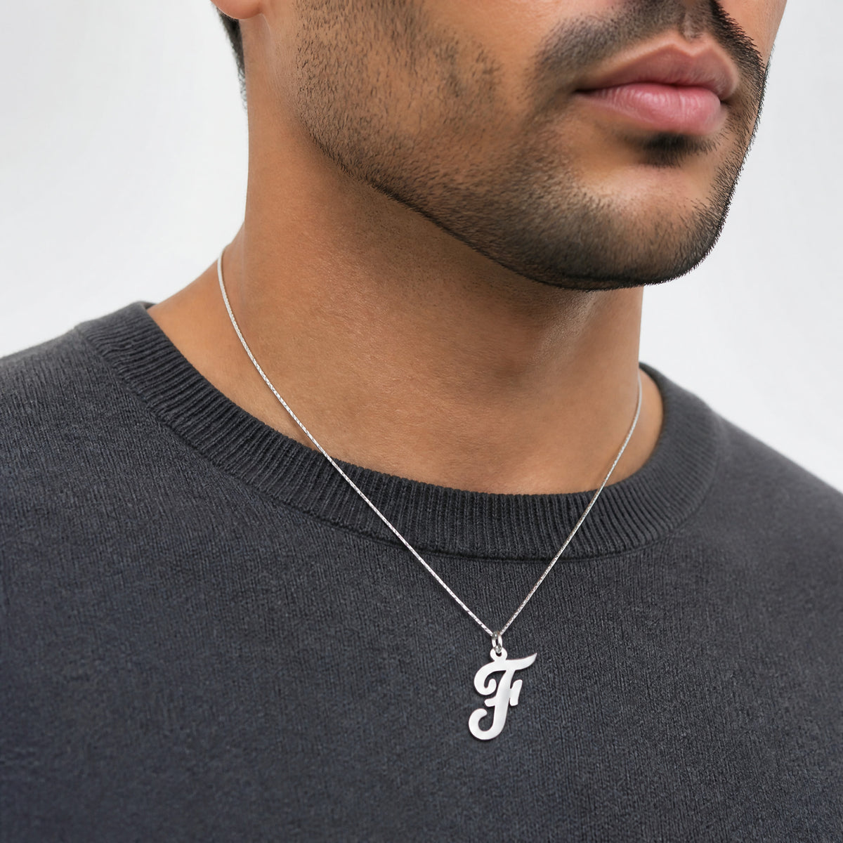 14k White Gold Medium Script Letter F Initial Charm - Model Shot
