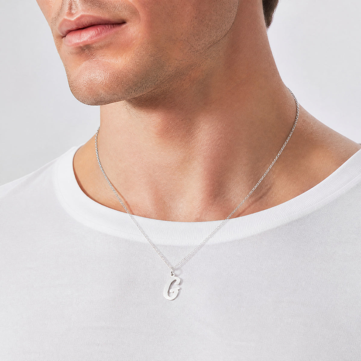 14k White Gold Medium Script Letter G Initial Charm - Model Shot