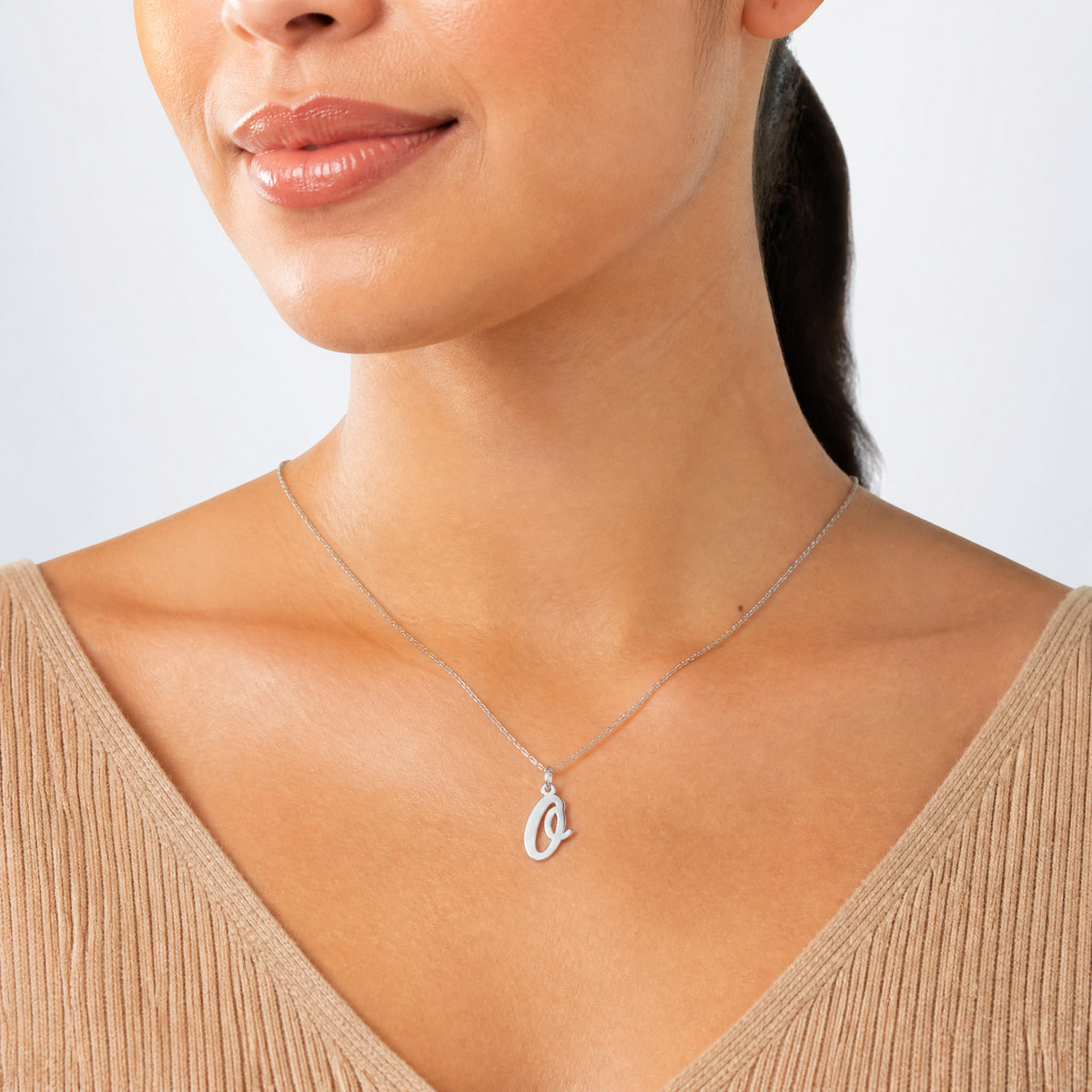 14k White Gold Medium Script Letter O Initial Charm - Model Shot