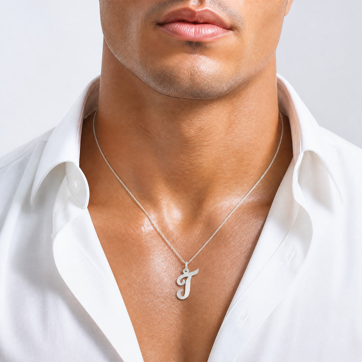 14k White Gold Medium Script Letter T Initial Charm - Model Shot