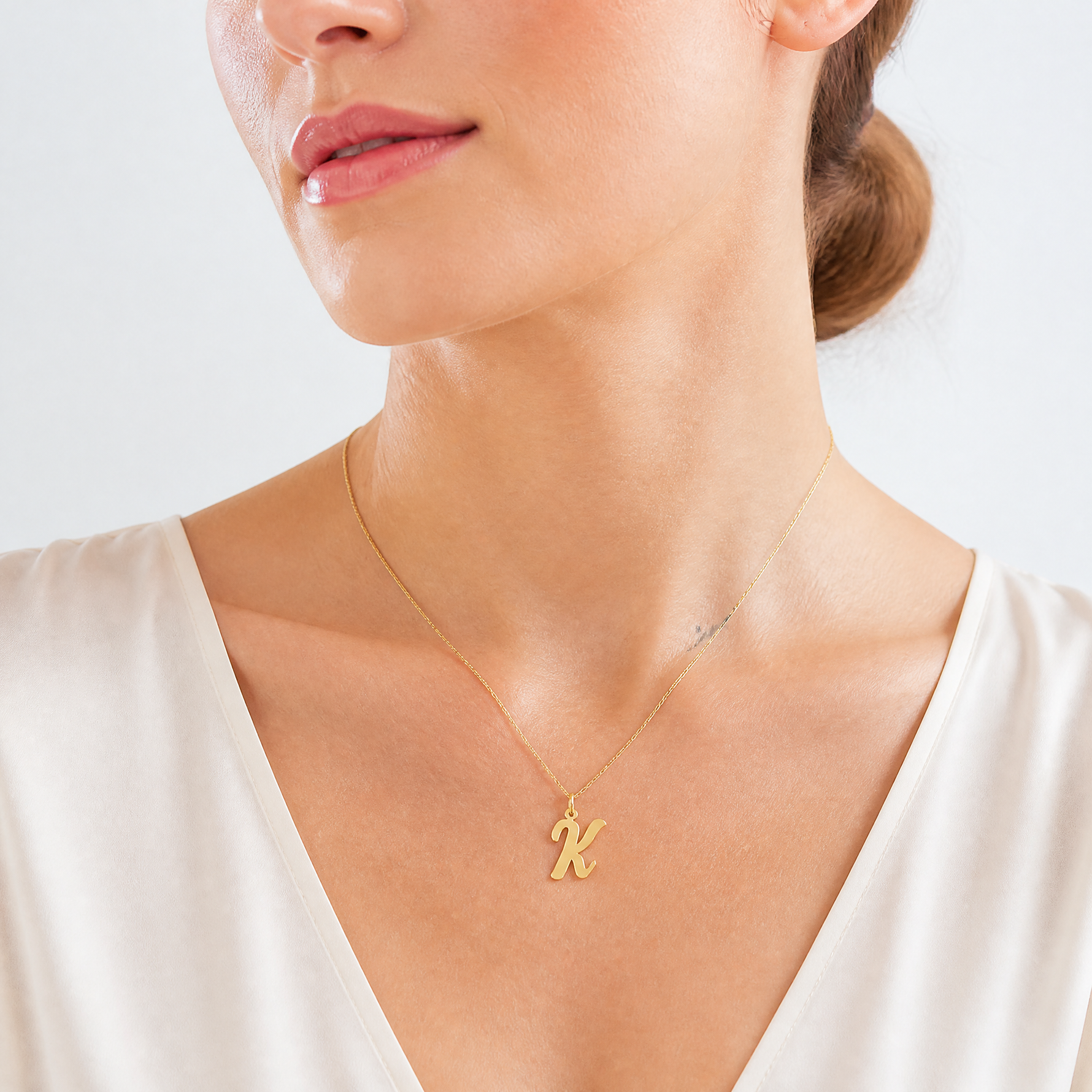 14k Large Script Letter K Initial Charm - Model Shot