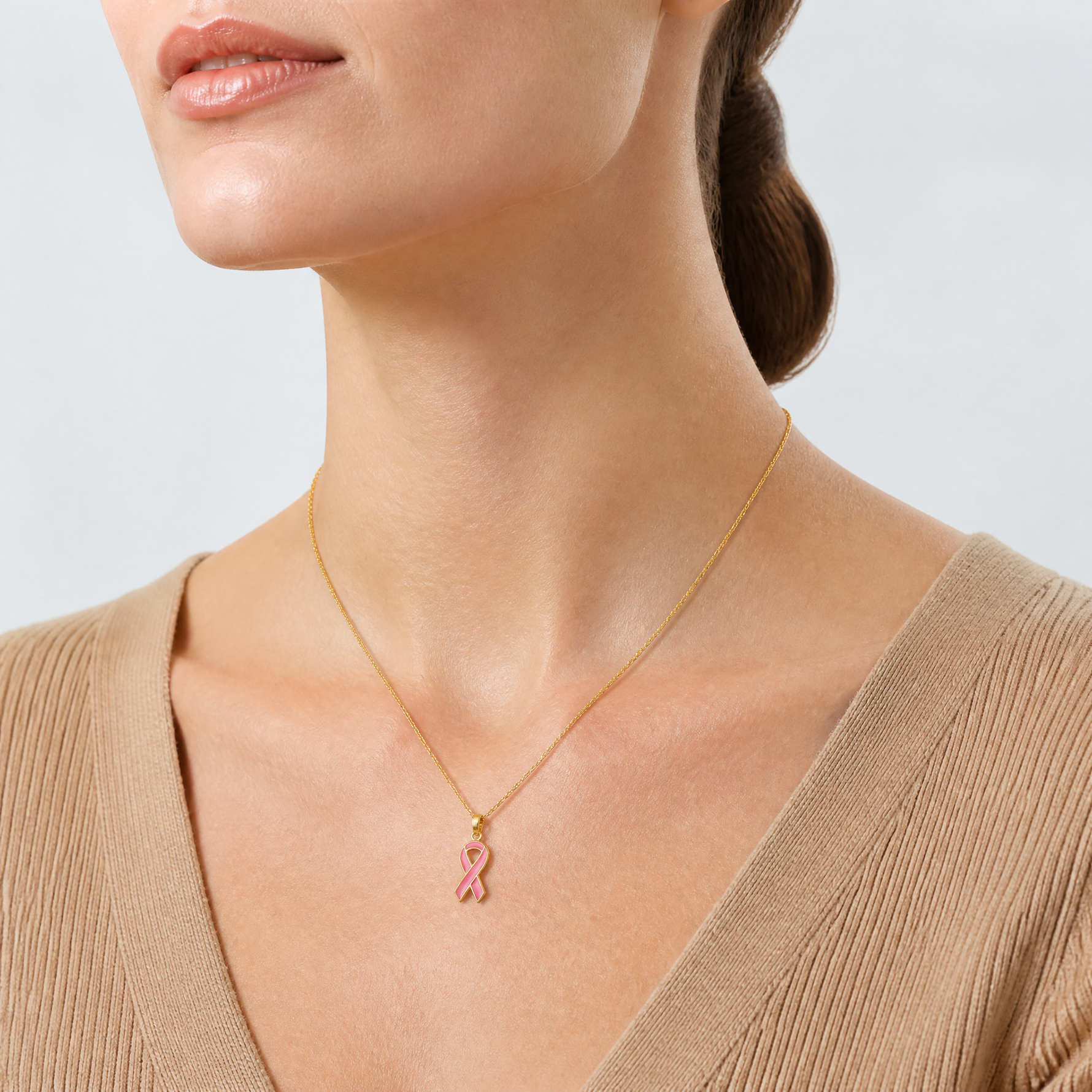 14k Pink Enameled Awareness Ribbon Pendant - Model Shot
