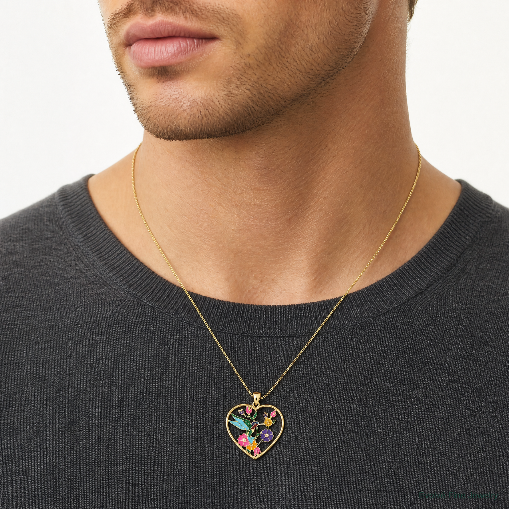 14k Enameled Hummingbird w/Flowers Heart Pendant - Model Shot