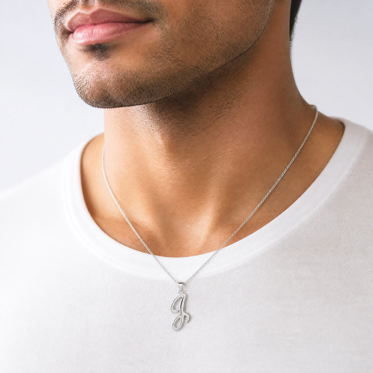 14KW White Gold Script Letter J Initial Pendant - Model Shot