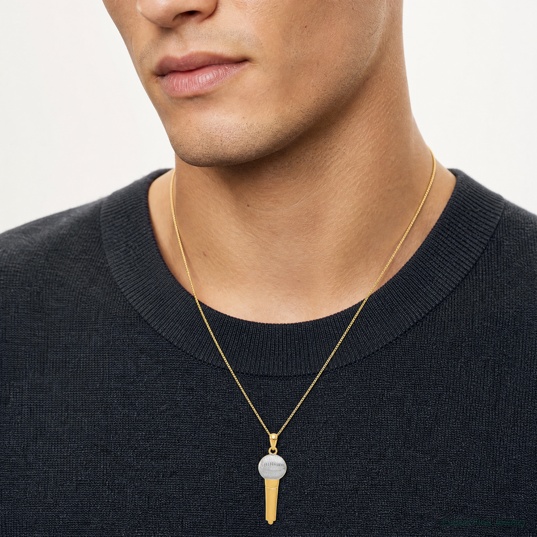 14k and Rhodium Microphone Pendant - Model Shot