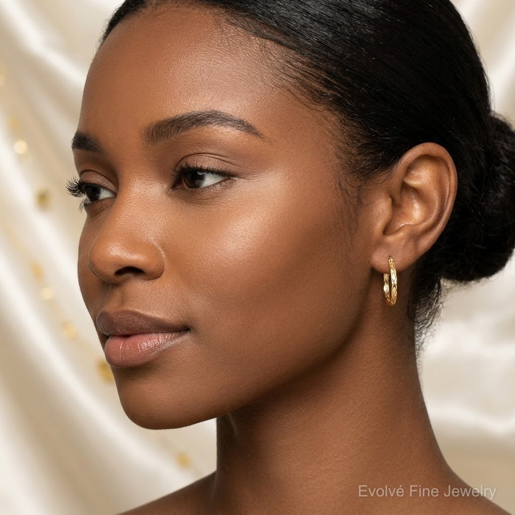 14k Polished and Satin Diamond-cut Hoop Earrings - Model Shot