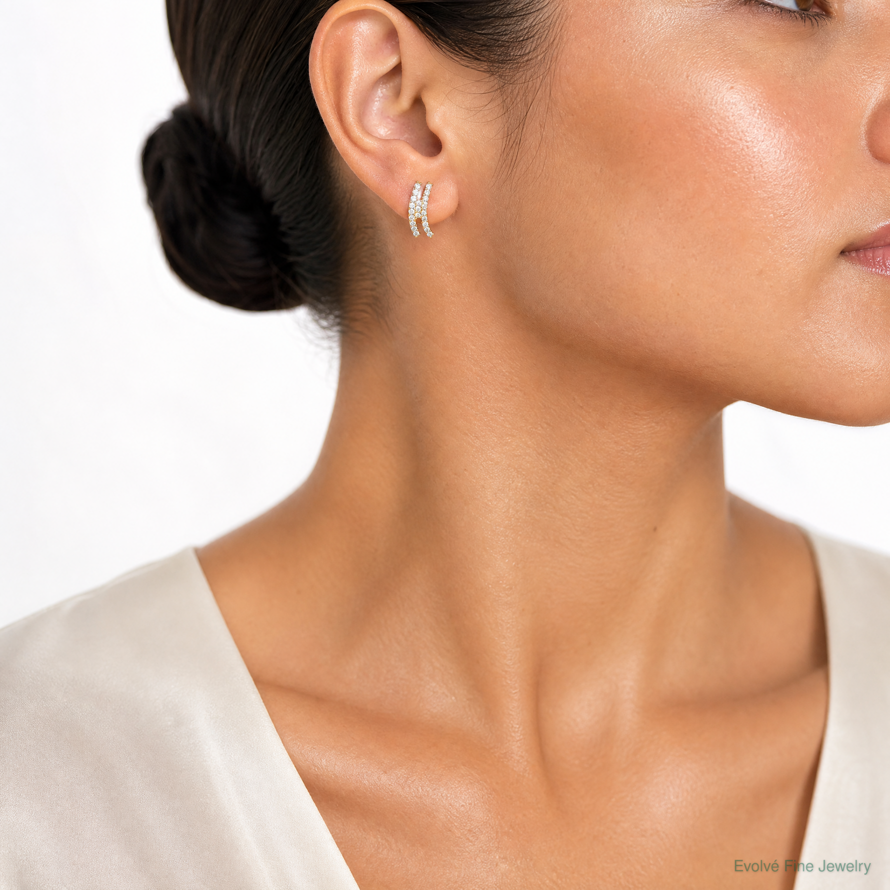 14K Polished Curved Bar CZ Post Earrings - Model Shot