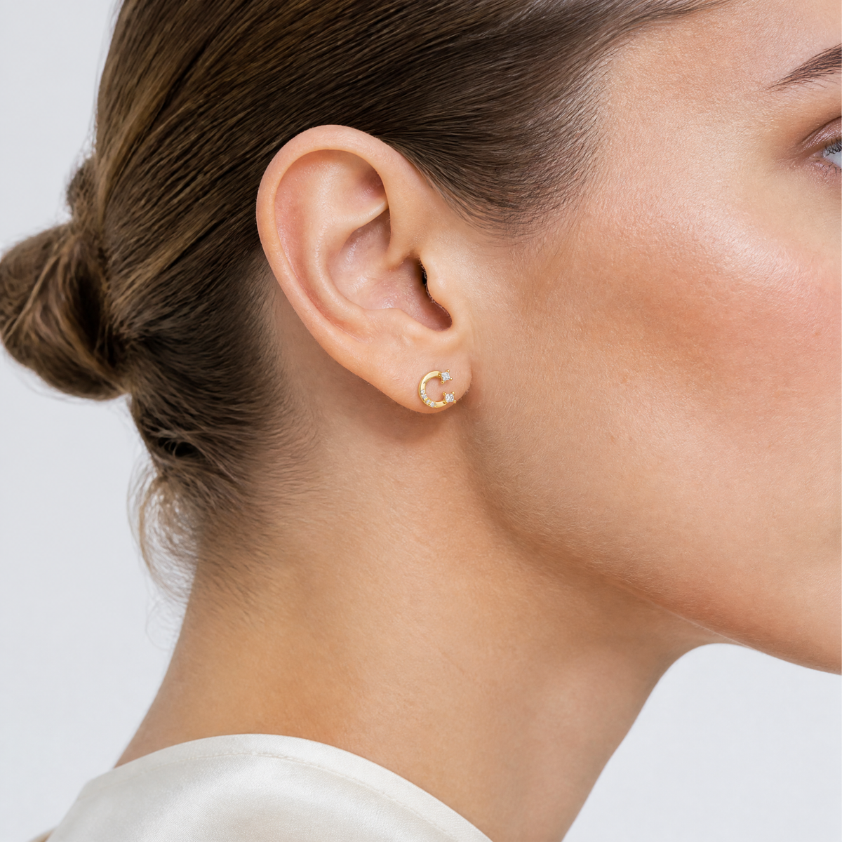 14k CZ Horseshoe Post Earrings - Model Shot