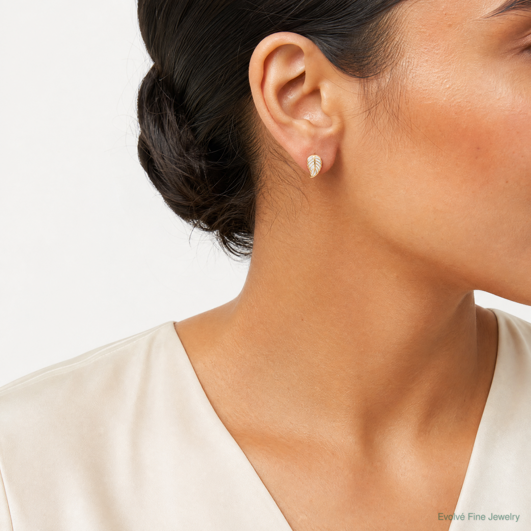 14K Two Tone Leaf Post Earrings - Model Shot