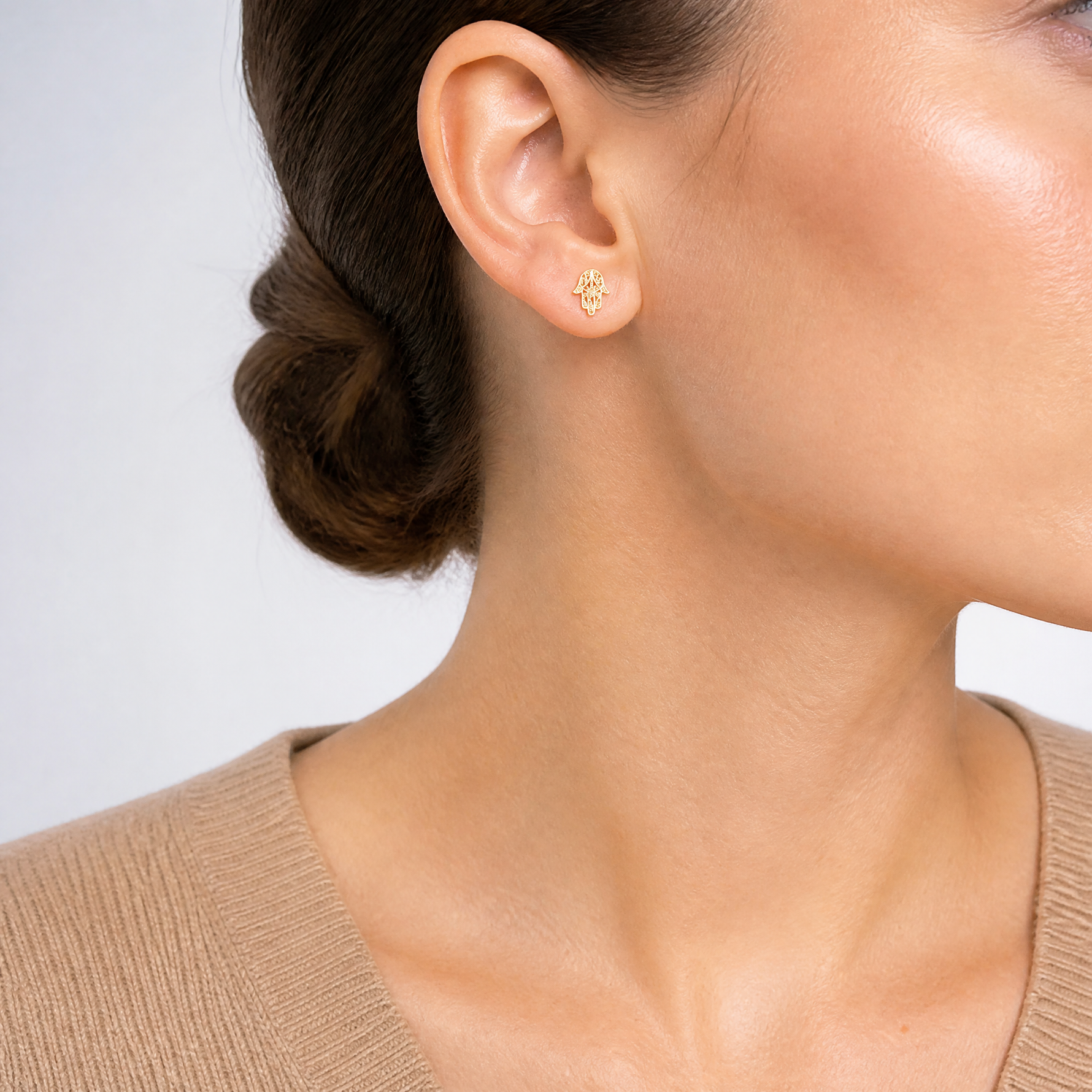 14k Hamsa Post Earrings - Model Shot
