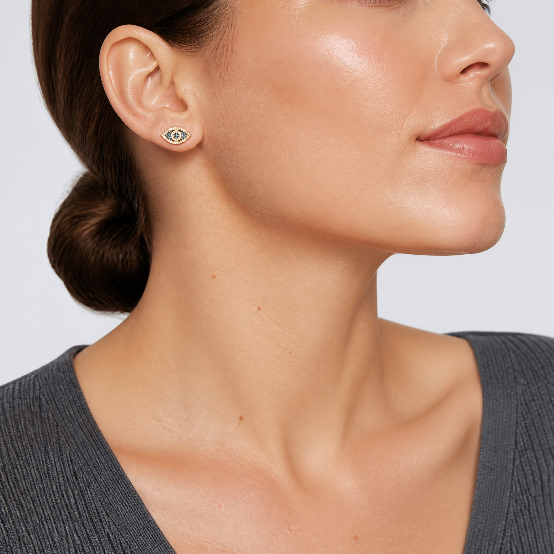 14k Black Rhodium-plated Polished Blue/White CZ Evil Eye Post Earrings - Model Shot
