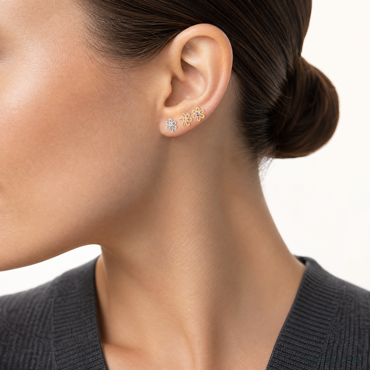14K Yellow and White Gold Multi-color CZ Flower Post Earring Set - Model Shot