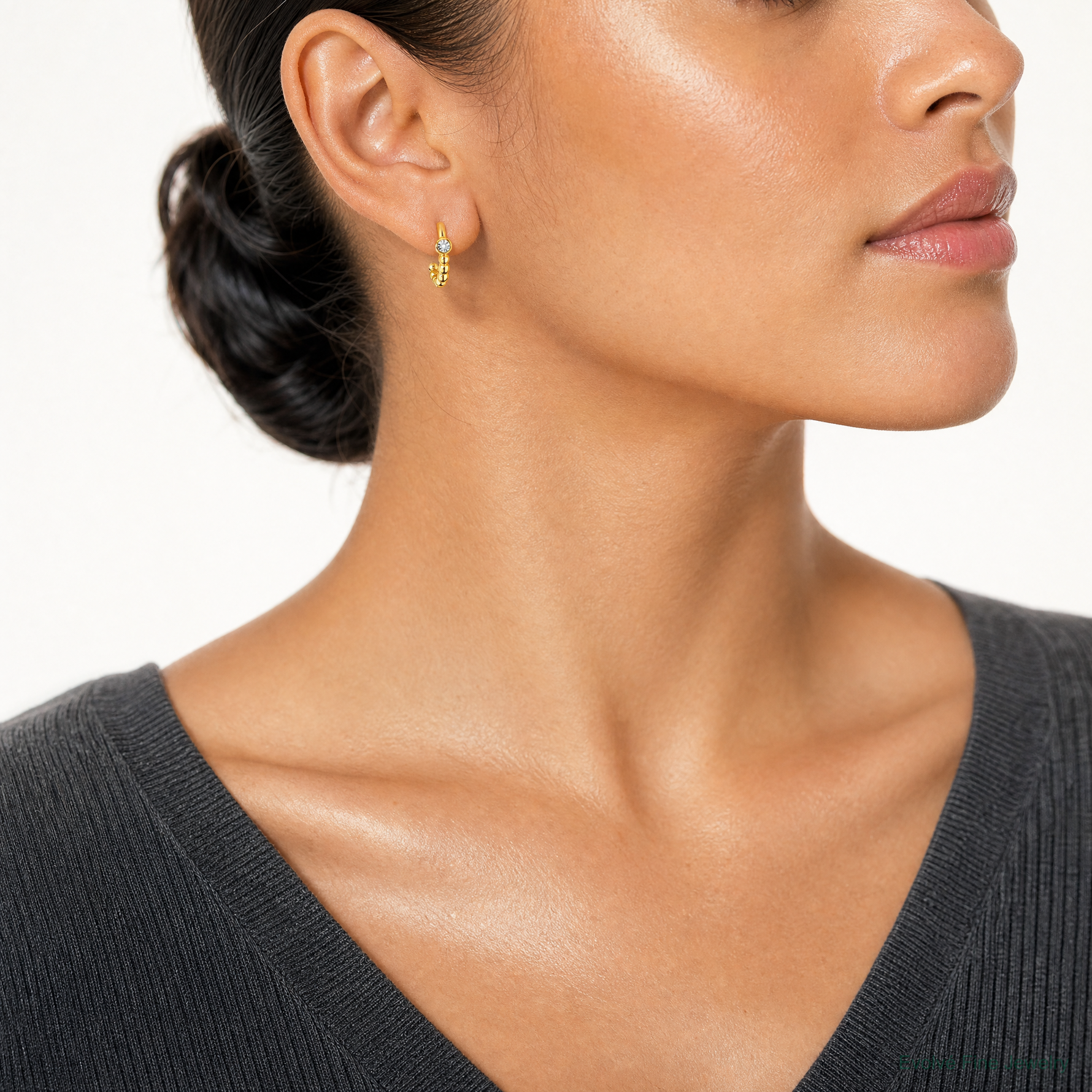 14k Polished and Beaded CZ Post C-Hoop Earrings - Model Shot