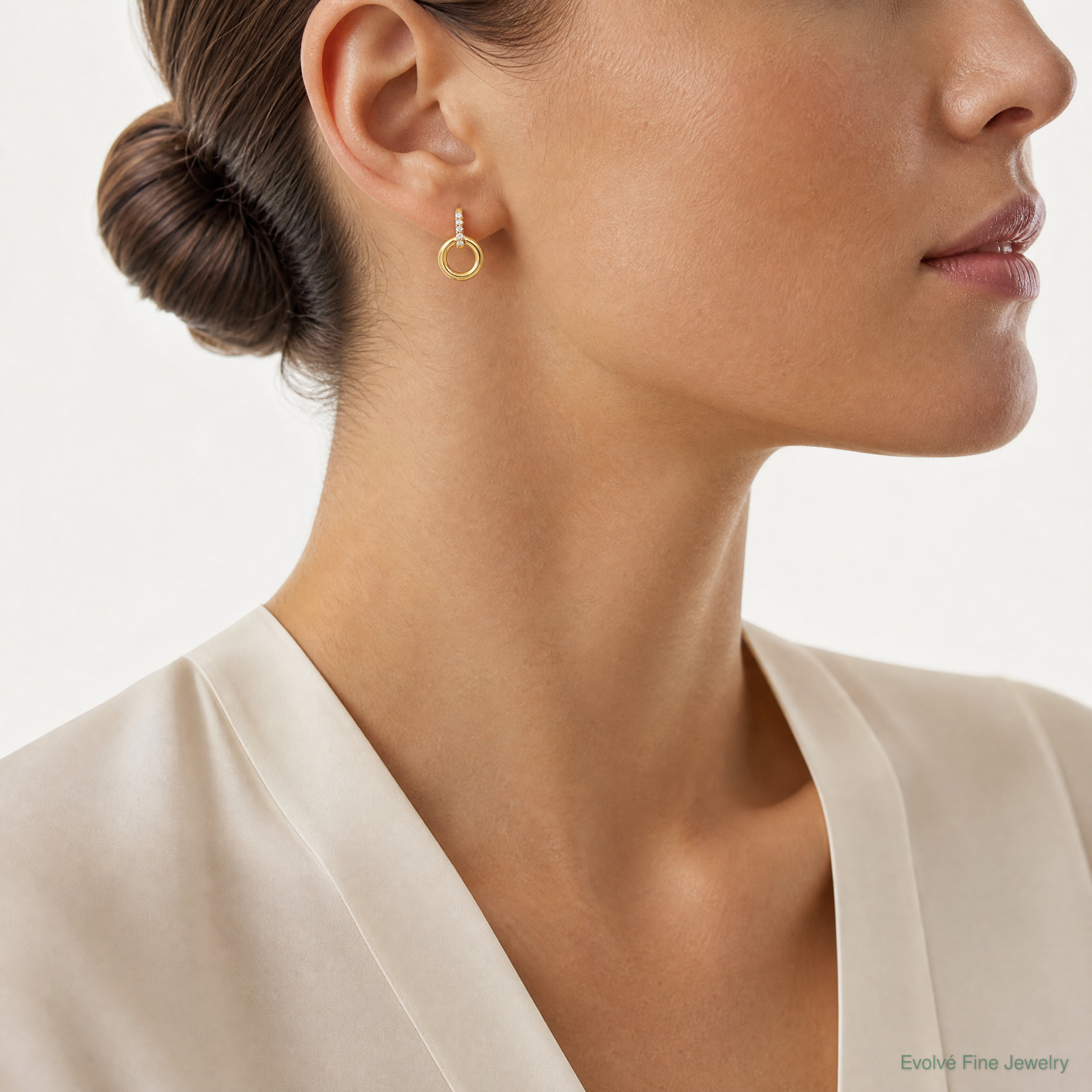 14k Polished CZ Circle Post Dangle Earrings - Model Shot