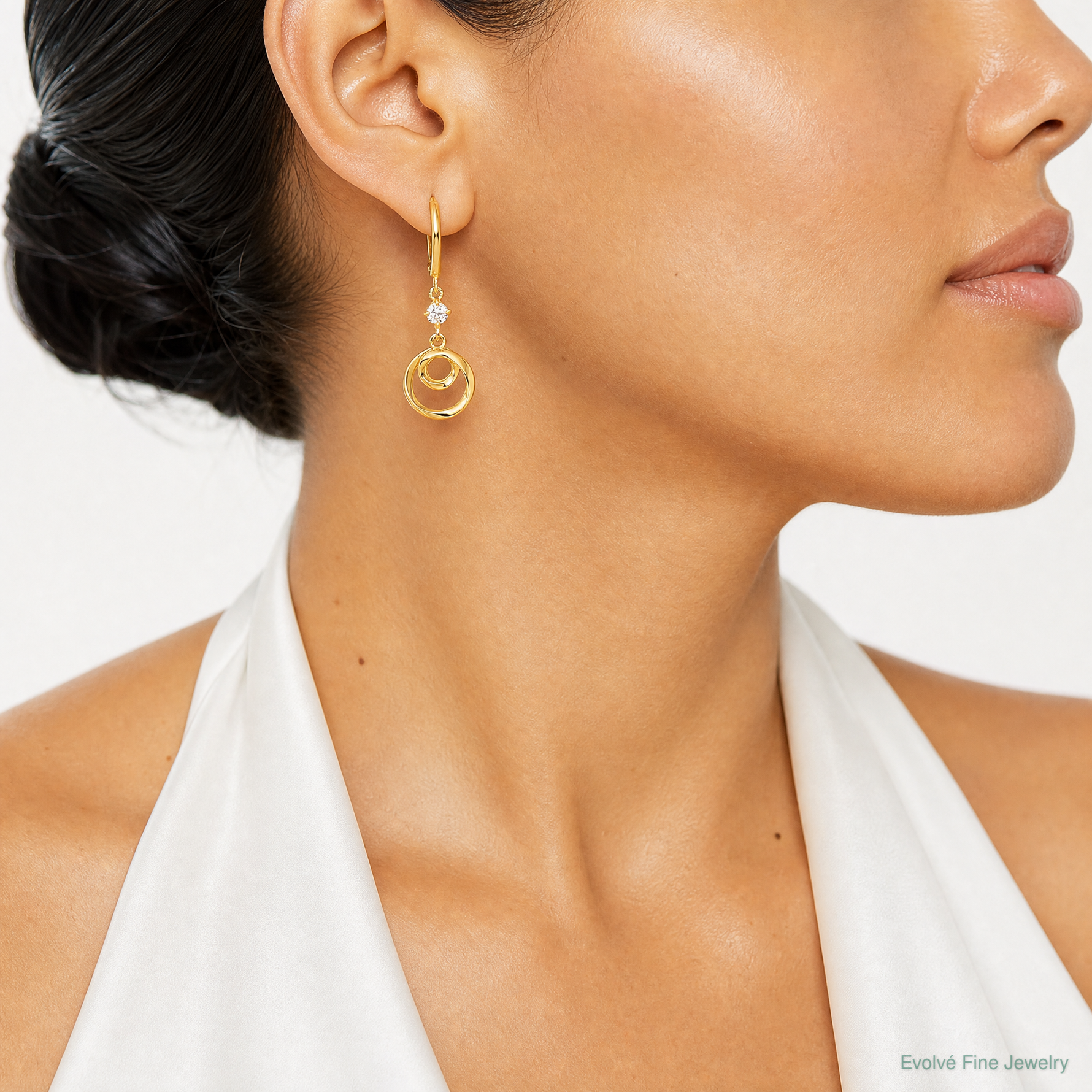 14k Twisted Dangling Circle Hinged Round Hoop Earrings - Model Shot