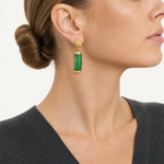 14K Polished Good Luck Symbol Jade Domed Bar Post Dangle Earrings - Model Shot