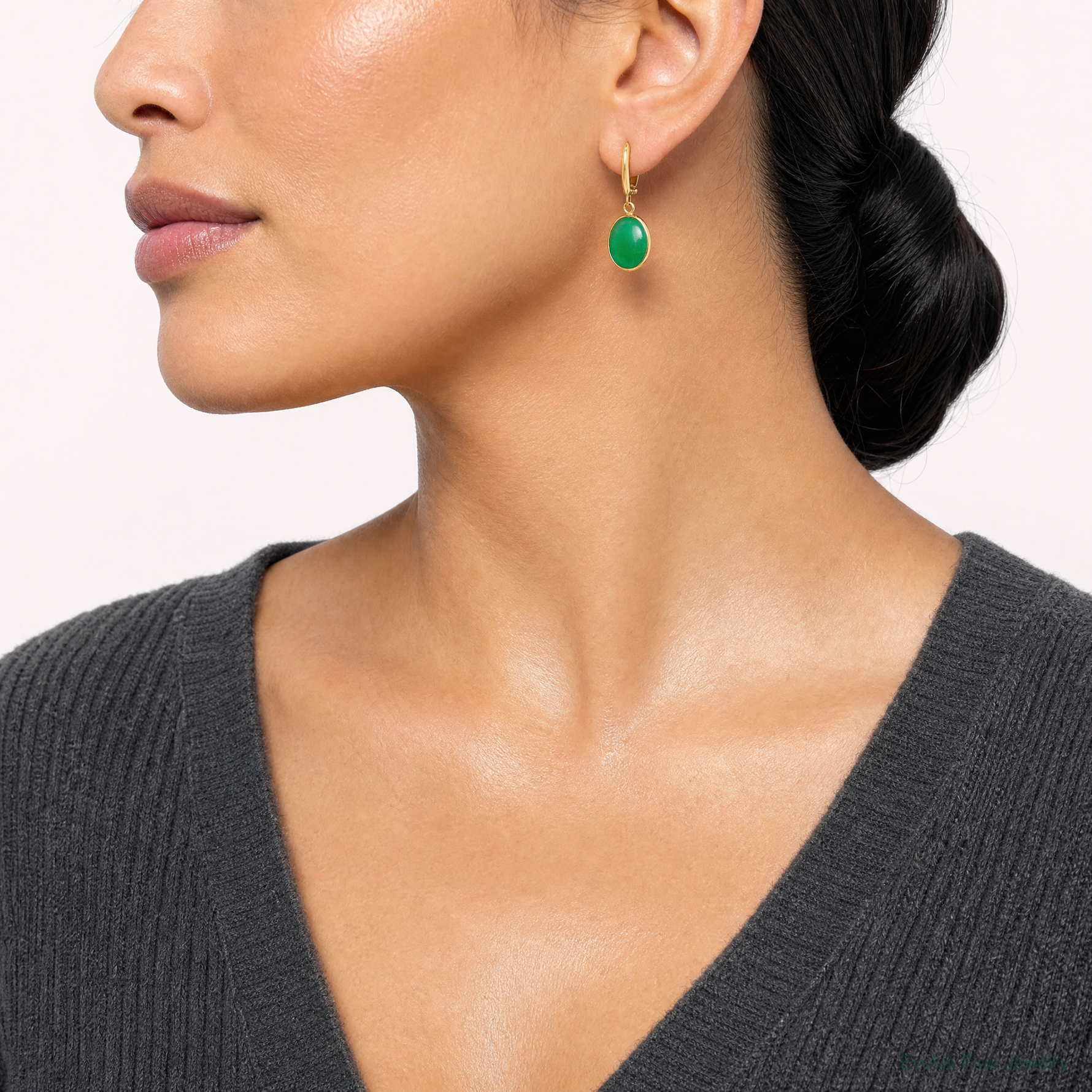 14K Polished Oval Jade Dangle Hinged Hoop Earrings - Model Shot